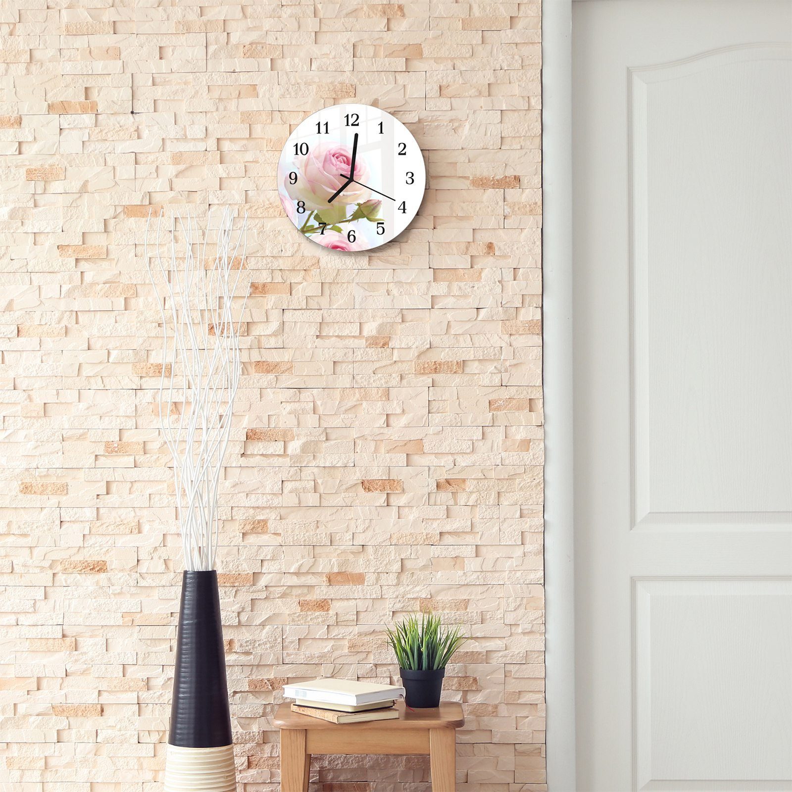 Primedeco Wanduhr Wanduhr aus Glas - mit 30 Quarzuhrwerk Rund mit cm Durchmesser und Motiv Blättern Rose mit