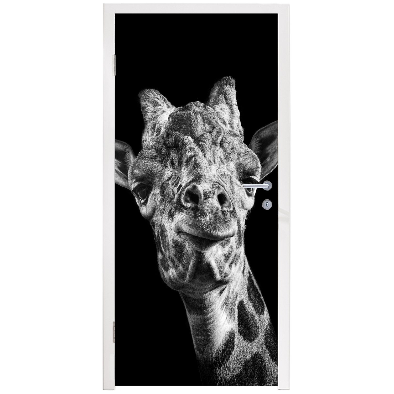 Matt, 75x205 weiß, Giraffe Fototapete St), und Tür, (1 schwarzem MuchoWow Türtapete bedruckt, für Türaufkleber, Hintergrund vor in schwarz cm