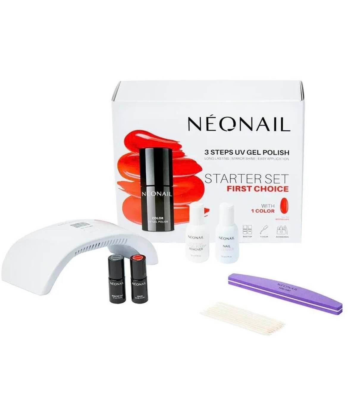 Neonail Körpercreme NEONAIL Starter Set First Choice 7-teilig 7-teiliges Setein UV-Nagellack in „Sexy Red“ (7,2 ml) ein Base/Top 2in1 (7,2 ml) eine LED-Lampe ECO 10W/36 ein Nail Cleaner (50 ml) ein UV Gel Polish Remover Aceton (50 ml) eine Polierfeile 100/180 zehn Holzstäbchen, 7-tlg.