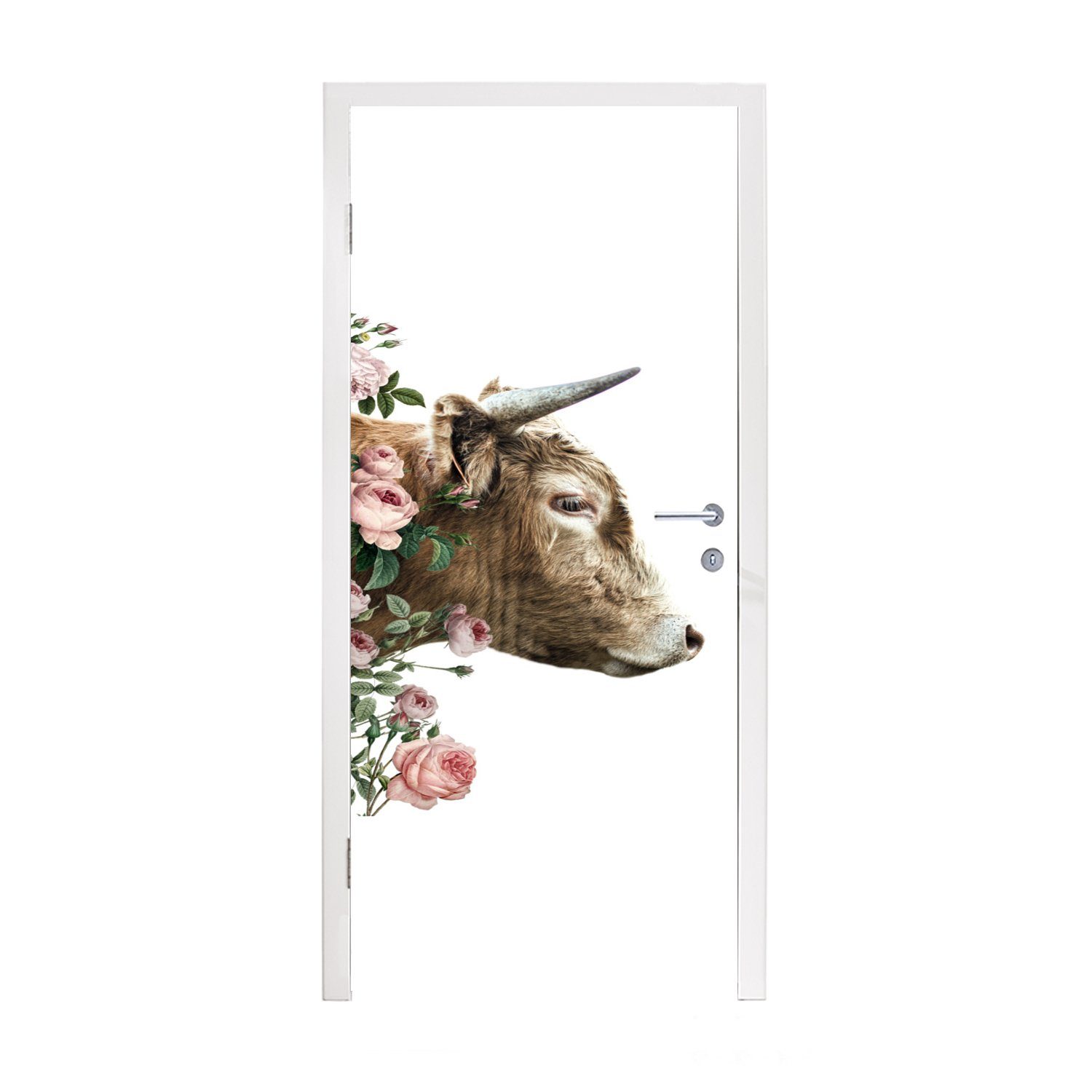 MuchoWow Türtapete Schottischer Highlander - Rosen - Kuh, Matt, bedruckt, (1 St), Fototapete für Tür, Türaufkleber, 75x205 cm