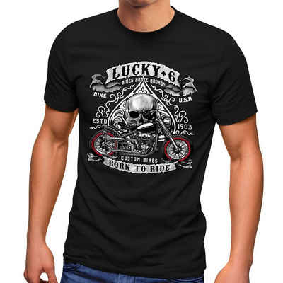 MoonWorks Print-Shirt Herren T-Shirt Biker Shirt Lucky 6 Totenkopf Pik Motorrad Shopper USA Moonworks® mit Print