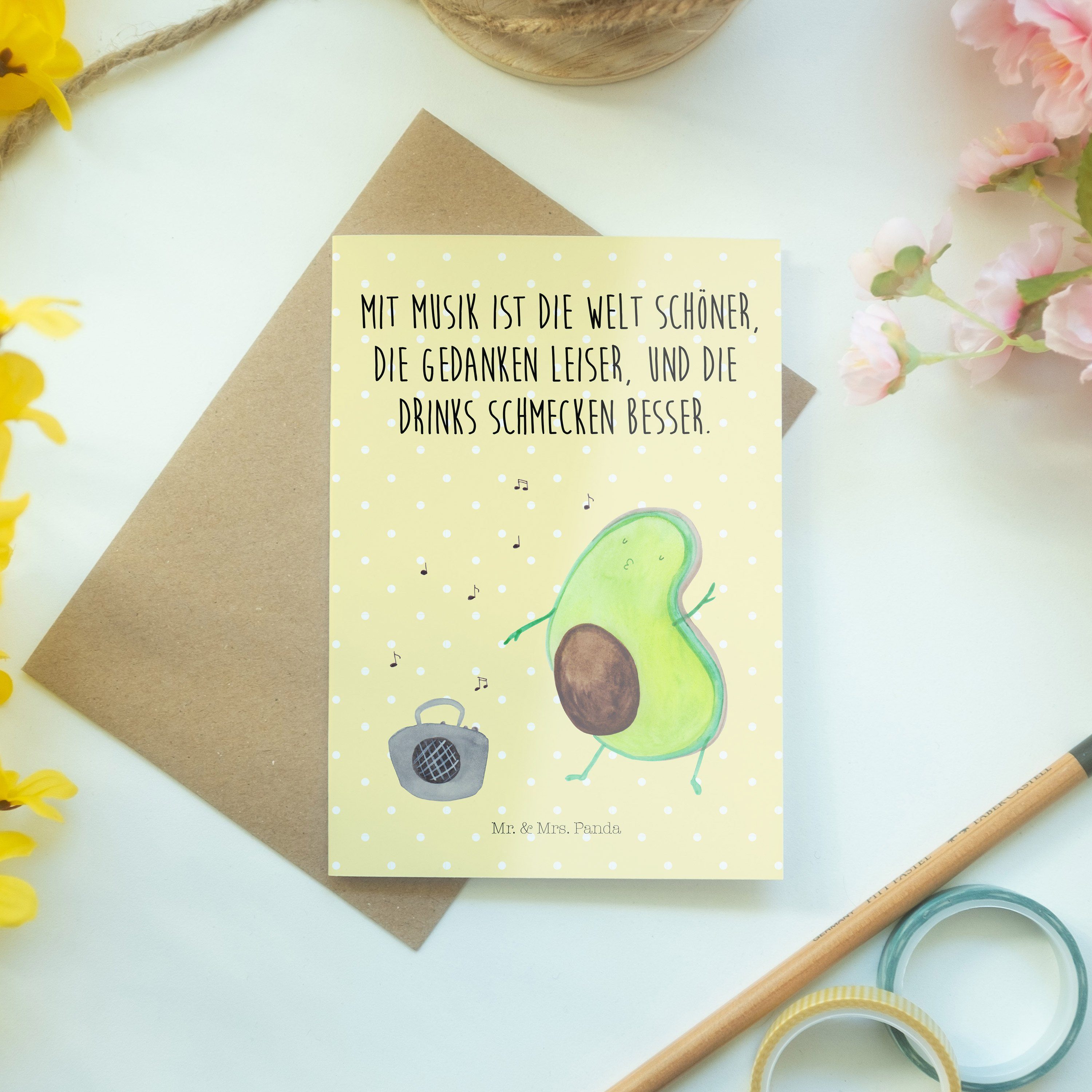 Vegan, & Mr. Mrs. - Panda Avocado - tanzt Pastell Grußkarte Geschenk, Einladungskarte, Feie Gelb