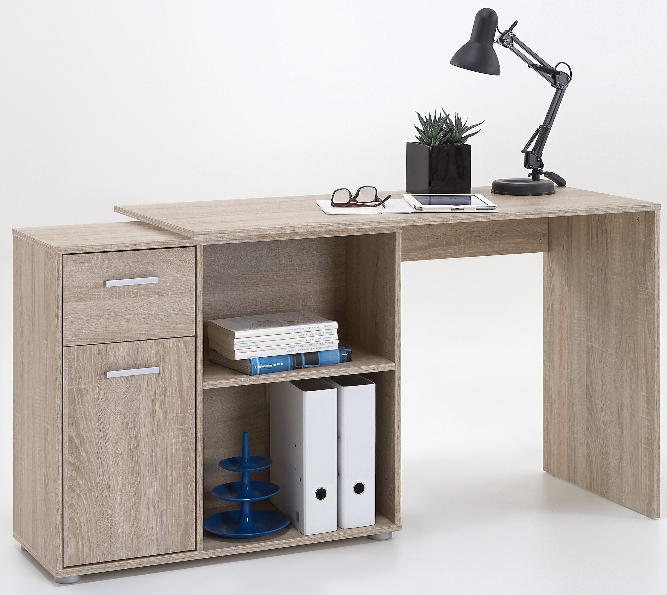 FMD Eckschreibtisch AUGSBURG, Schreibtisch/ Sideboard m. Stauraum, beids. montierb., 117 oder 148 cm