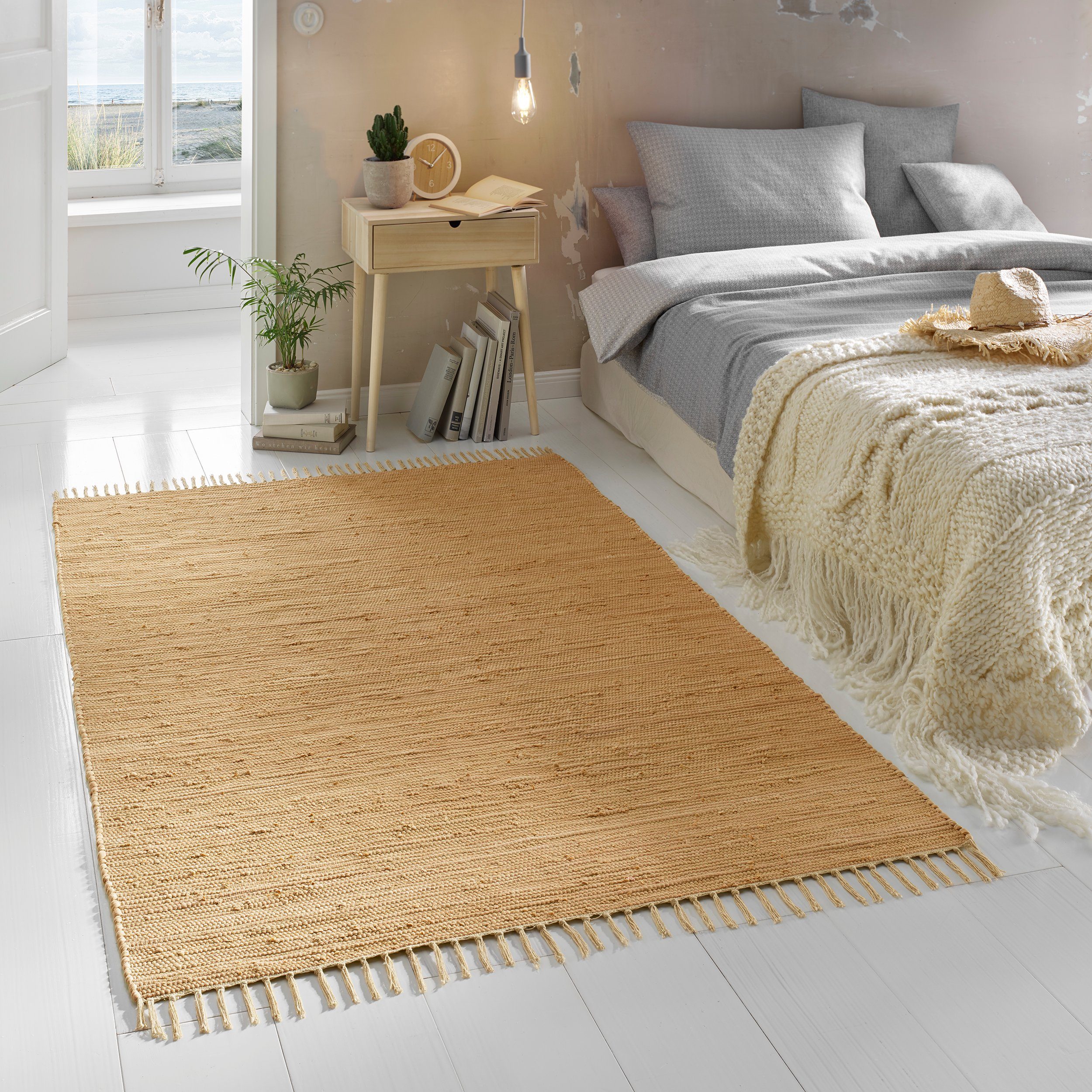 Teppich Flicken-Teppich 100% Baumwolle, TaCa Home, rechteckig, Höhe: 5 mm, Wohnzimmer Esszimmer Küche Flur Läufer 060x090cm beige