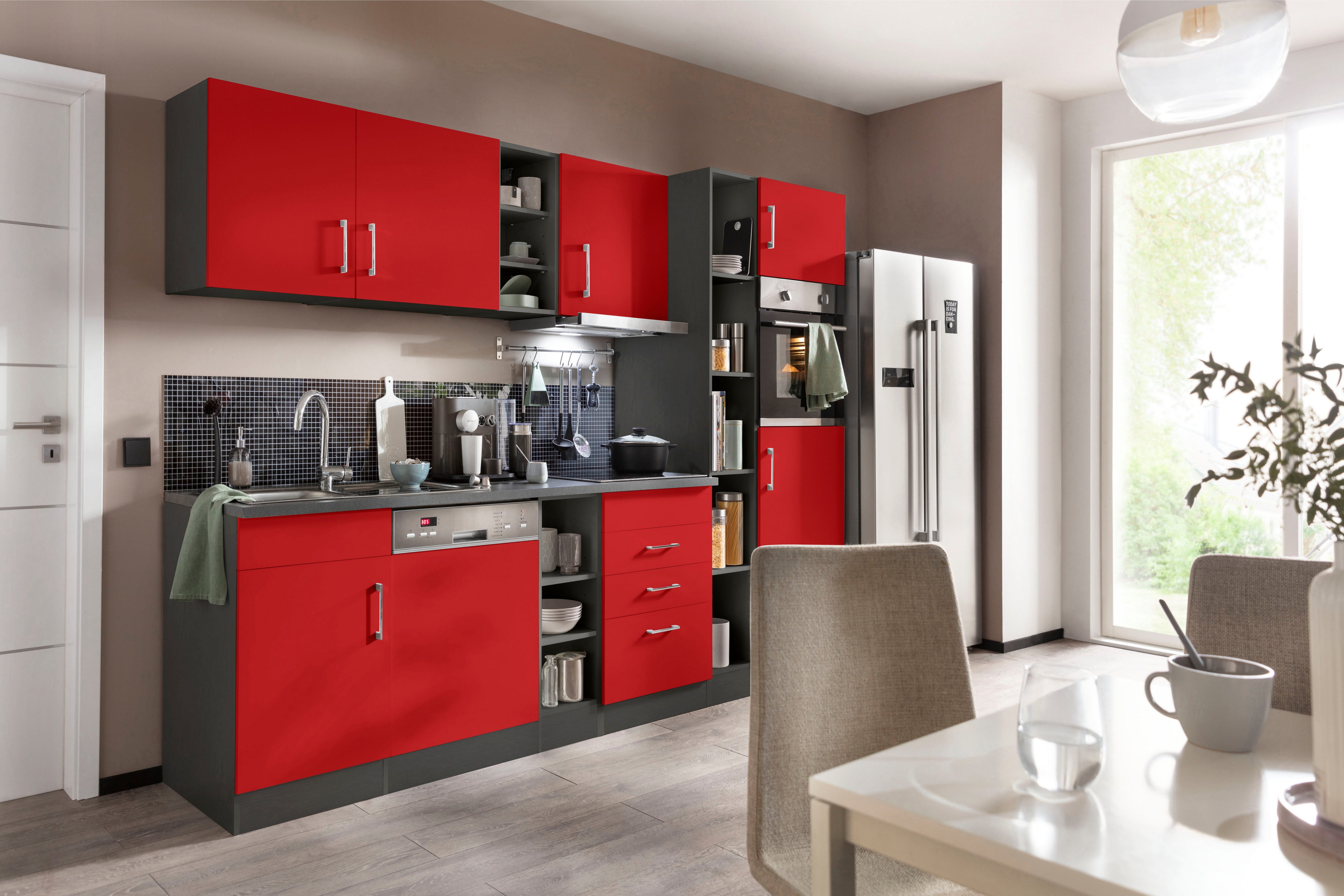 HELD MÖBEL Küchenzeile Paris, mit Induktionskochfeld rot/grafit E-Geräten, mit 290 cm, wahlweise Breite | grafit