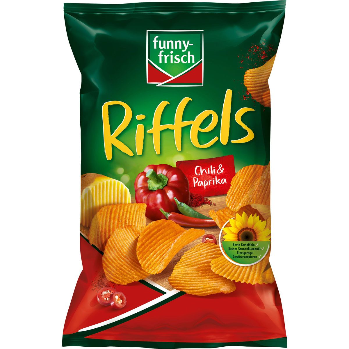 funny-frisch Knabberei, funny frisch Riffles Chili und Paprika beste Kartoffeln 150g