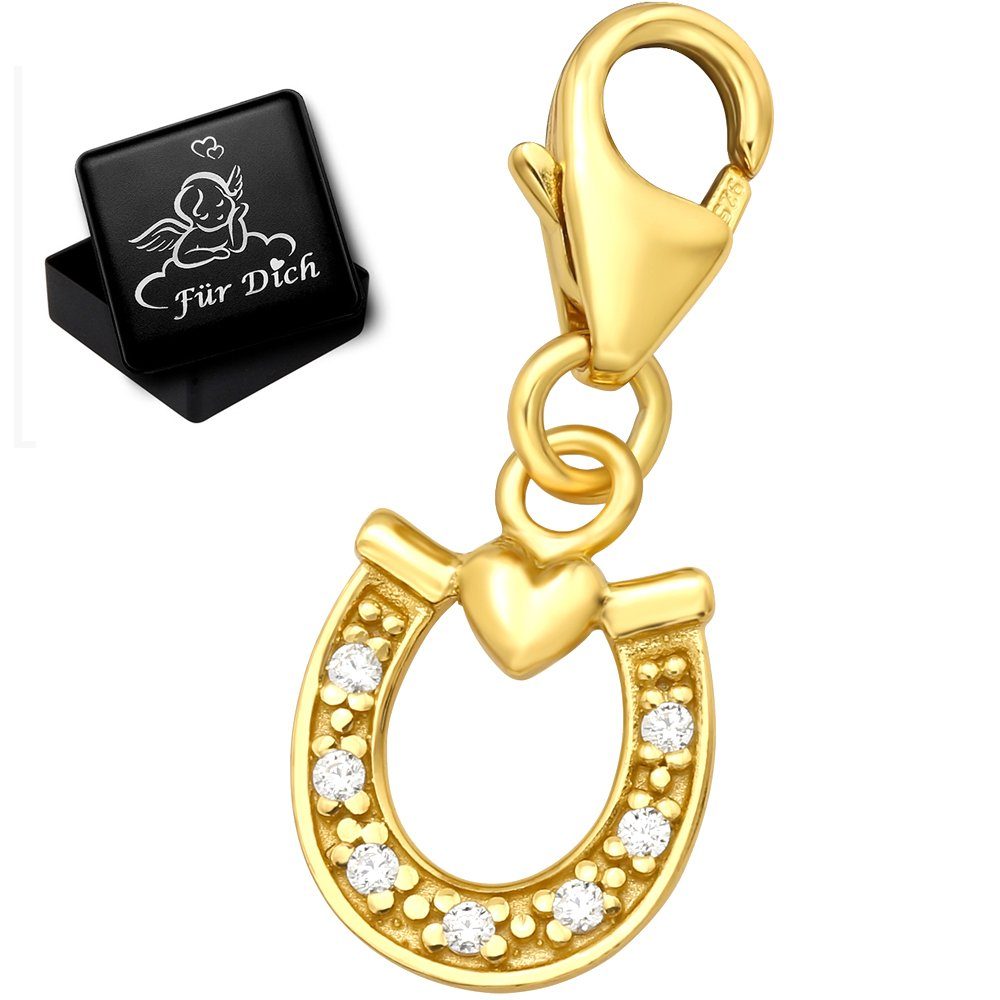 Limana Charm-Einhänger Anhänger echt 925 Sterling Silber Gold Pferde Hufeisen Herz (inkl. Geschenkdose), Zirkonia für Armband Kette Geschenkidee Glücksbringer Liebe