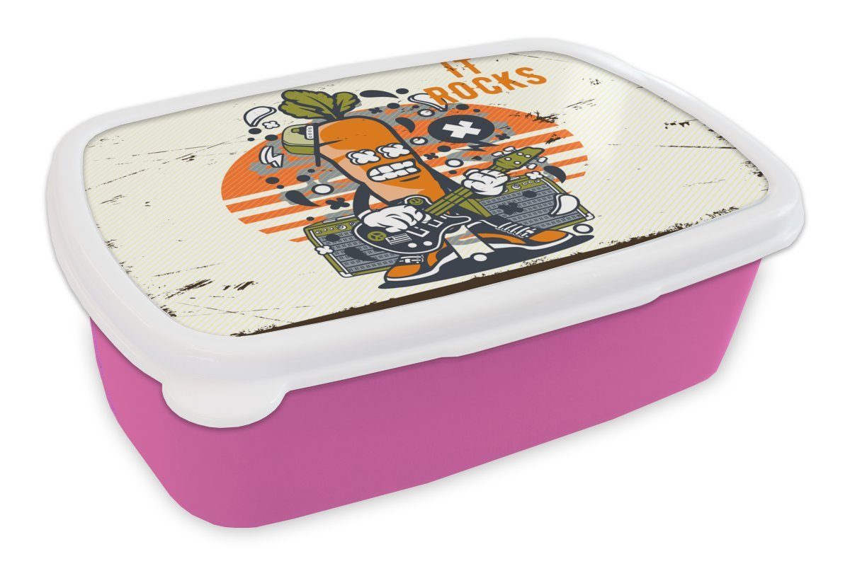 MuchoWow Lunchbox Karotte - Gitarre - Vintage, Kunststoff, (2-tlg), Brotbox für Erwachsene, Brotdose Kinder, Snackbox, Mädchen, Kunststoff rosa