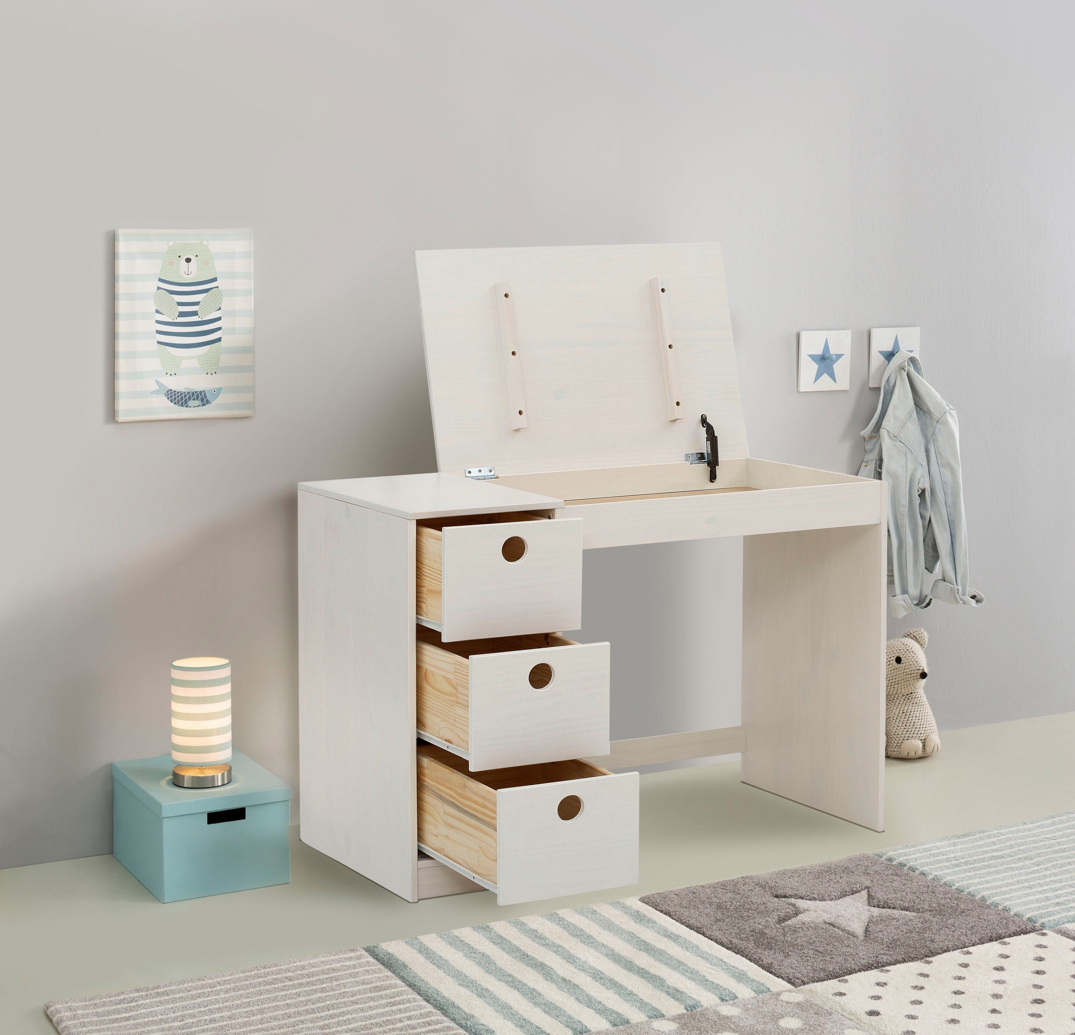 OTTO home Kinderschreibtisch Alpi, Kiefernholz, Wangengestell, mit 3 Schubk günstig online kaufen