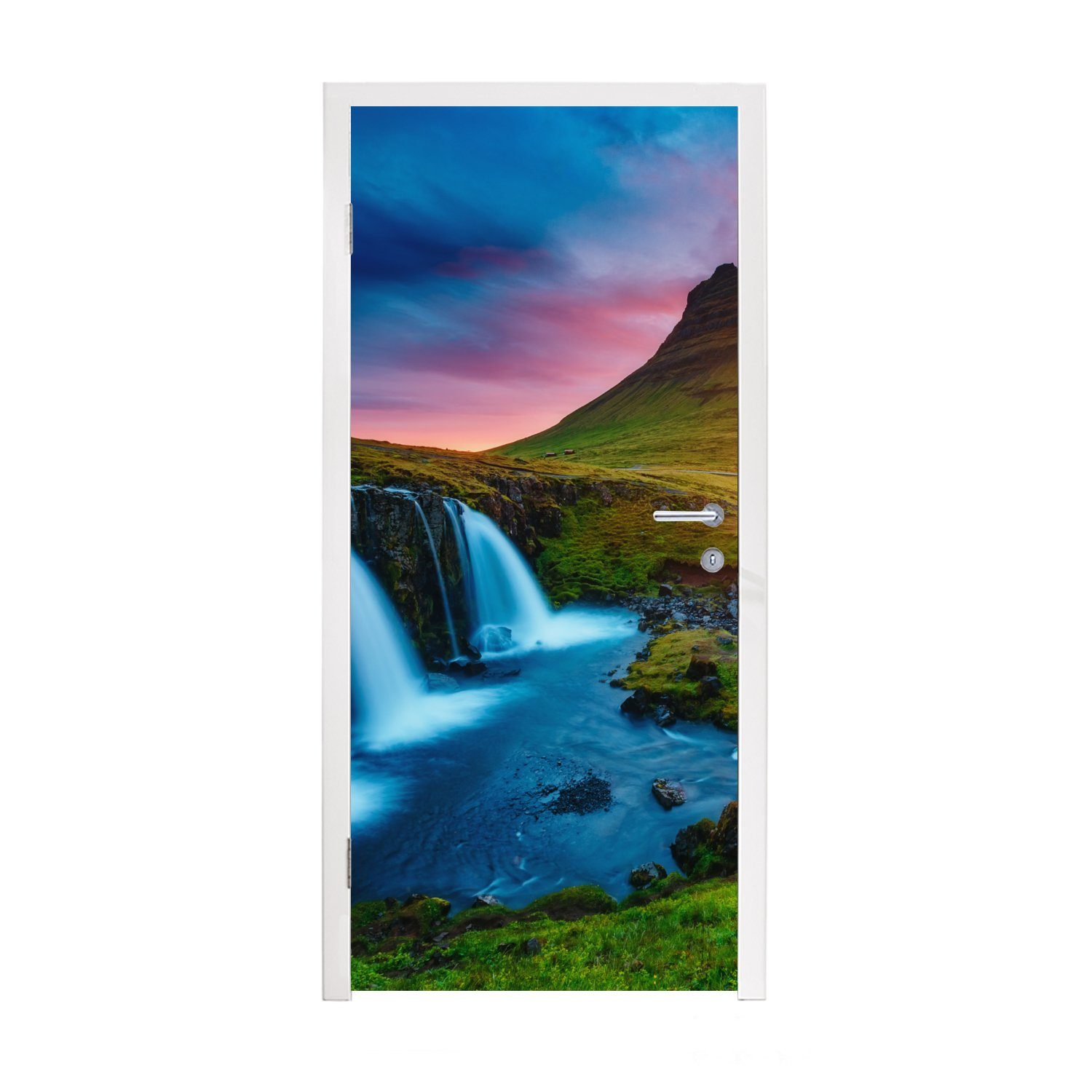 MuchoWow Sonnenuntergang Natur, Türaufkleber, für Wasserfall Tür, - Moos - (1 Matt, - - Türtapete bedruckt, St), 75x205 Berg Fototapete cm