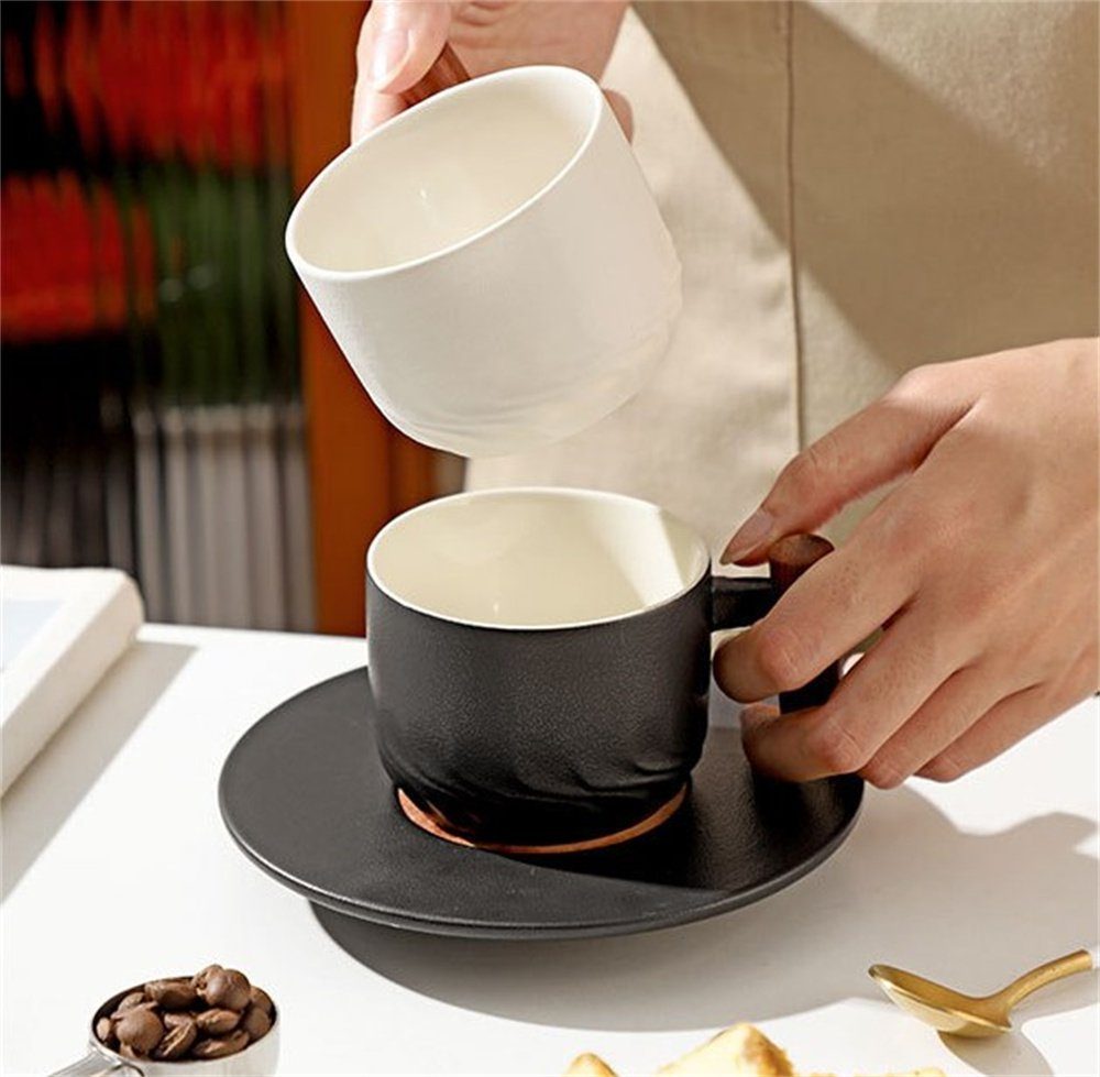 Dekorative Kaffeeservice Keramik Kaffeebecher Schwarz Tassen mit Set, Unterteller, Holzgriff Cappuccino (1-tlg)