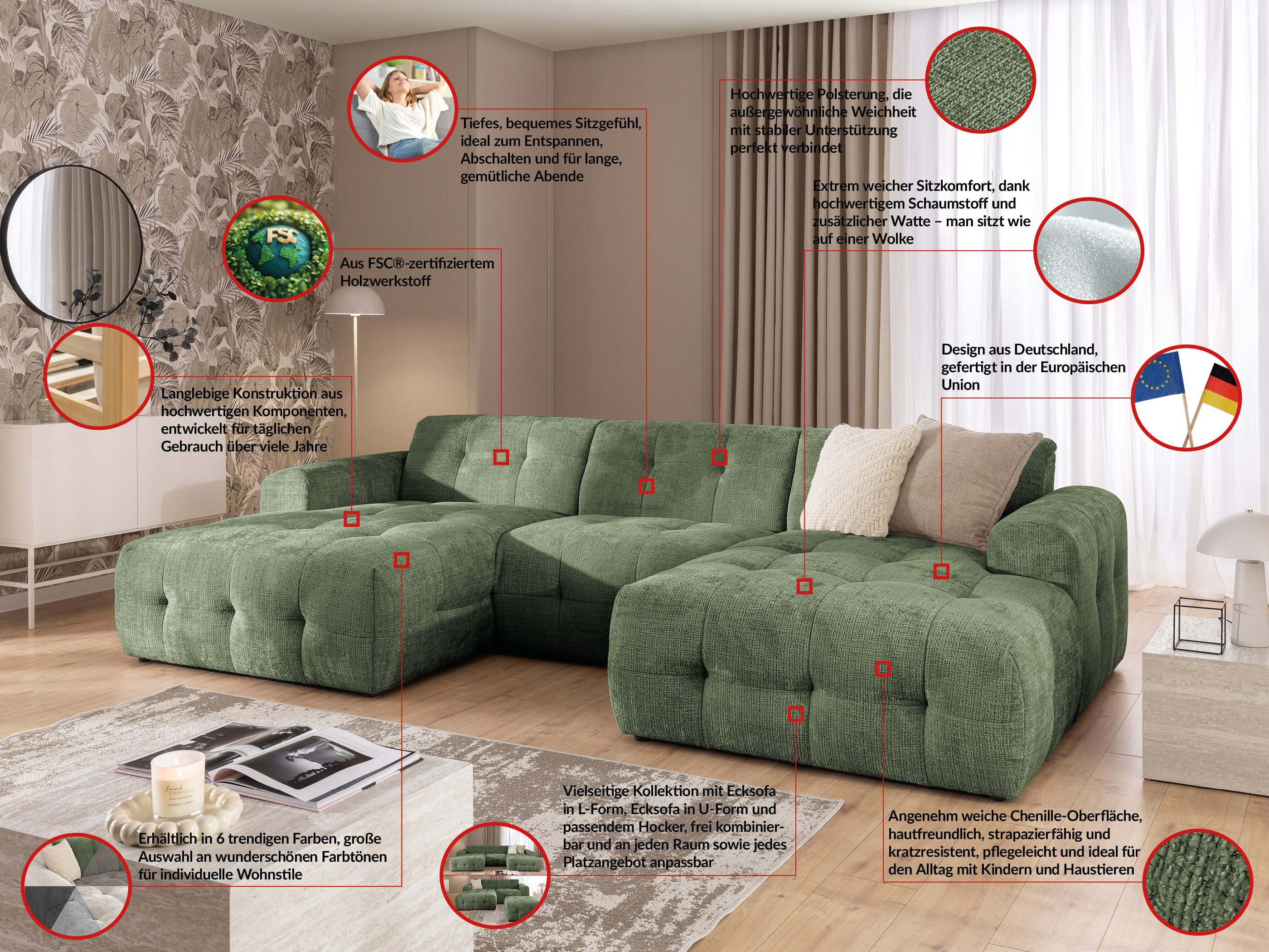 S-Style Möbel Wohnlandschaft Kozy im Bumpy-Design mit fester Rückenlehne aus weichem Chenille-Stoff, mit Wellenfederung