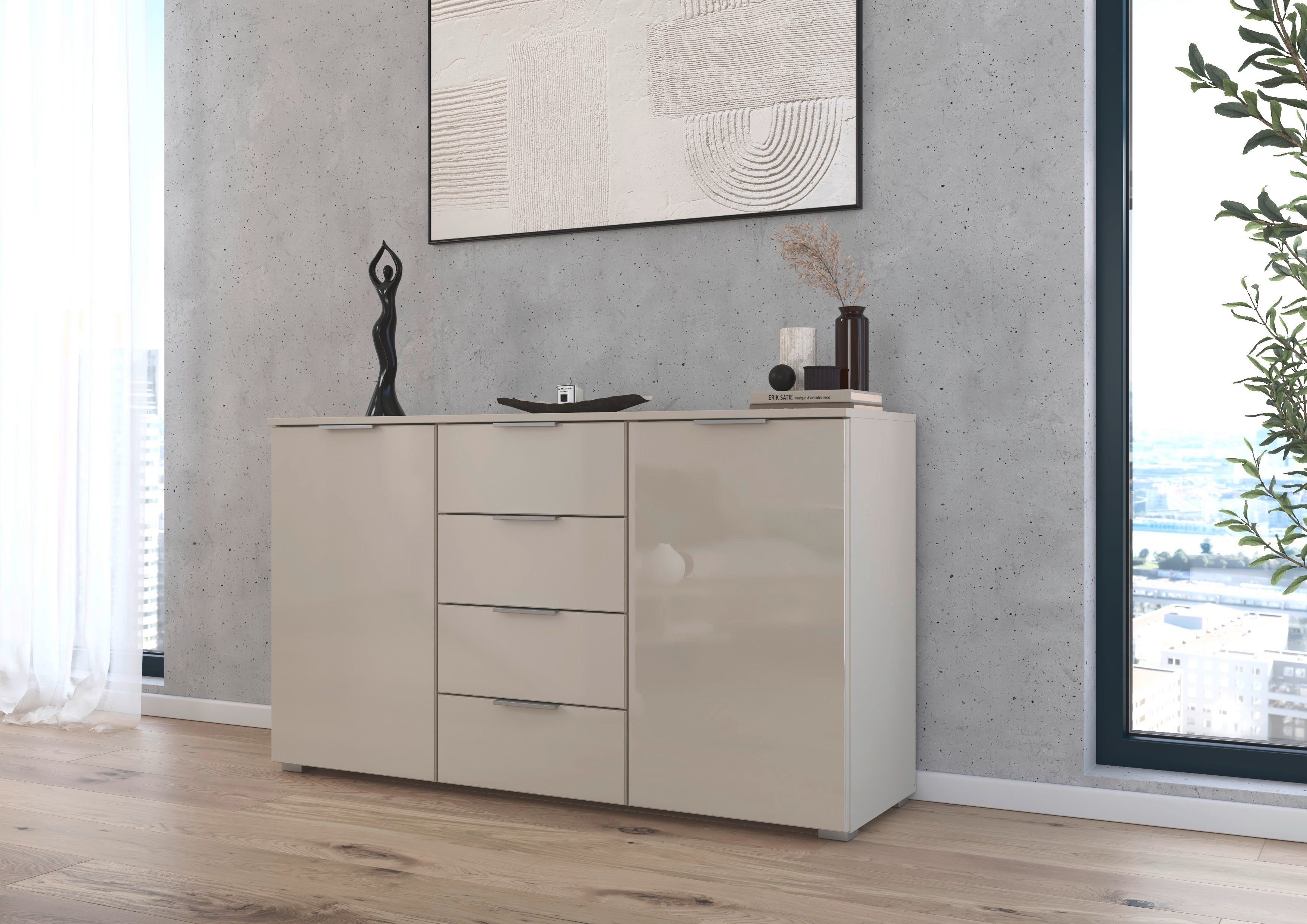 OTTO home Kombikommode Sideboard Kombikommode Schubladenkommode AGORDO mit Glasfront (in zwei Griff-Farben, Breite 120 cm), vier große Schubladen, mit insgesamt 4 Einlegeböden MADE IN GERMANY