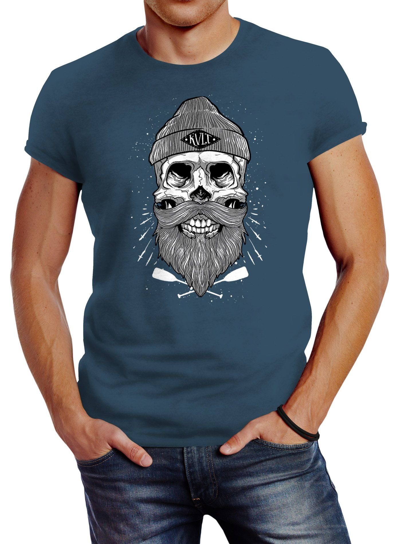 Neverless Print-Shirt Herren T-Shirt Captain Skull Beard Totenkopf Bart Kapitän Slim Fit mit Print