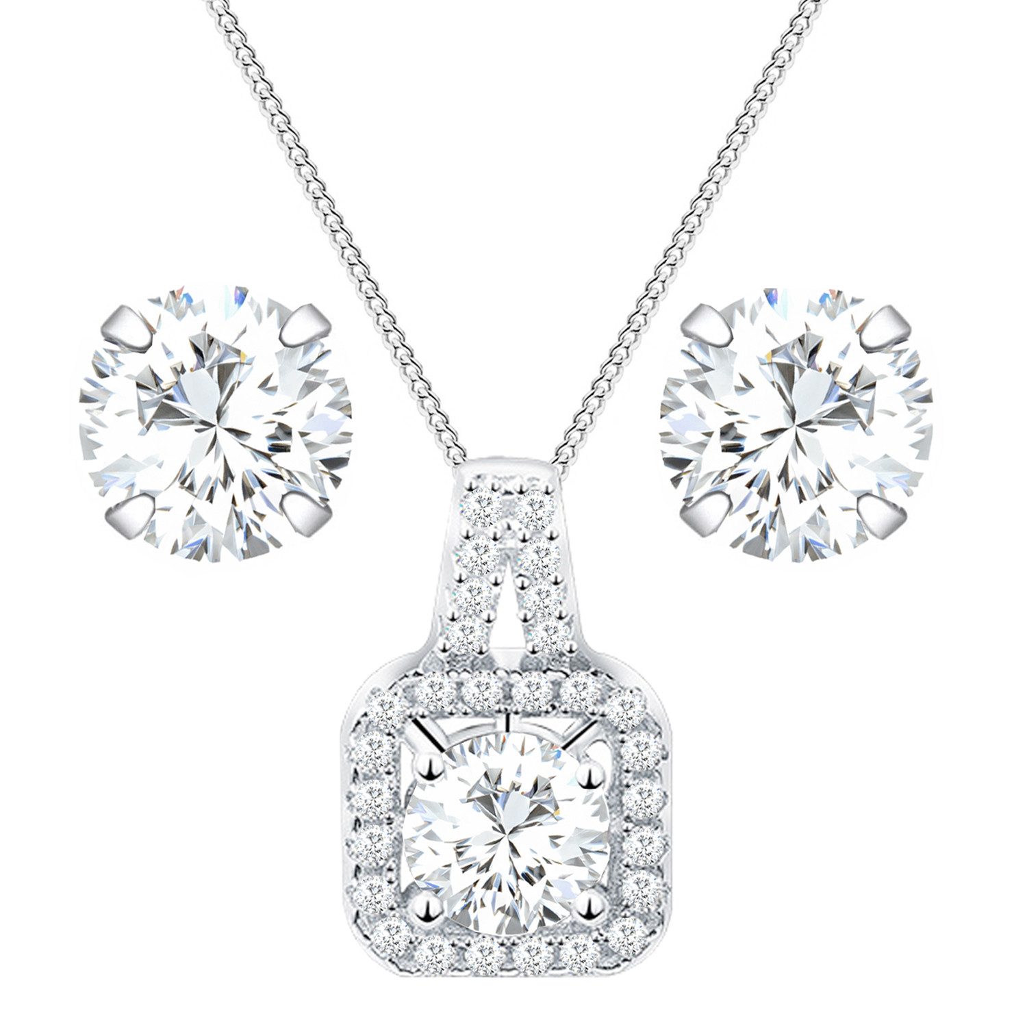 LÖB Ohrring und Ketten Set 925 Silber Ohrringe Halskette Quadrat Stein Anhänger Zirkonia Rund Set (Geschenke für Frauen Damen Beste Freundin Mutter Mama Ehefrau Oma sie zum Geburtstag Schmuck Herbst Oktoberfest), Ohrstecker Kette Schmuckset Brautschmuck B