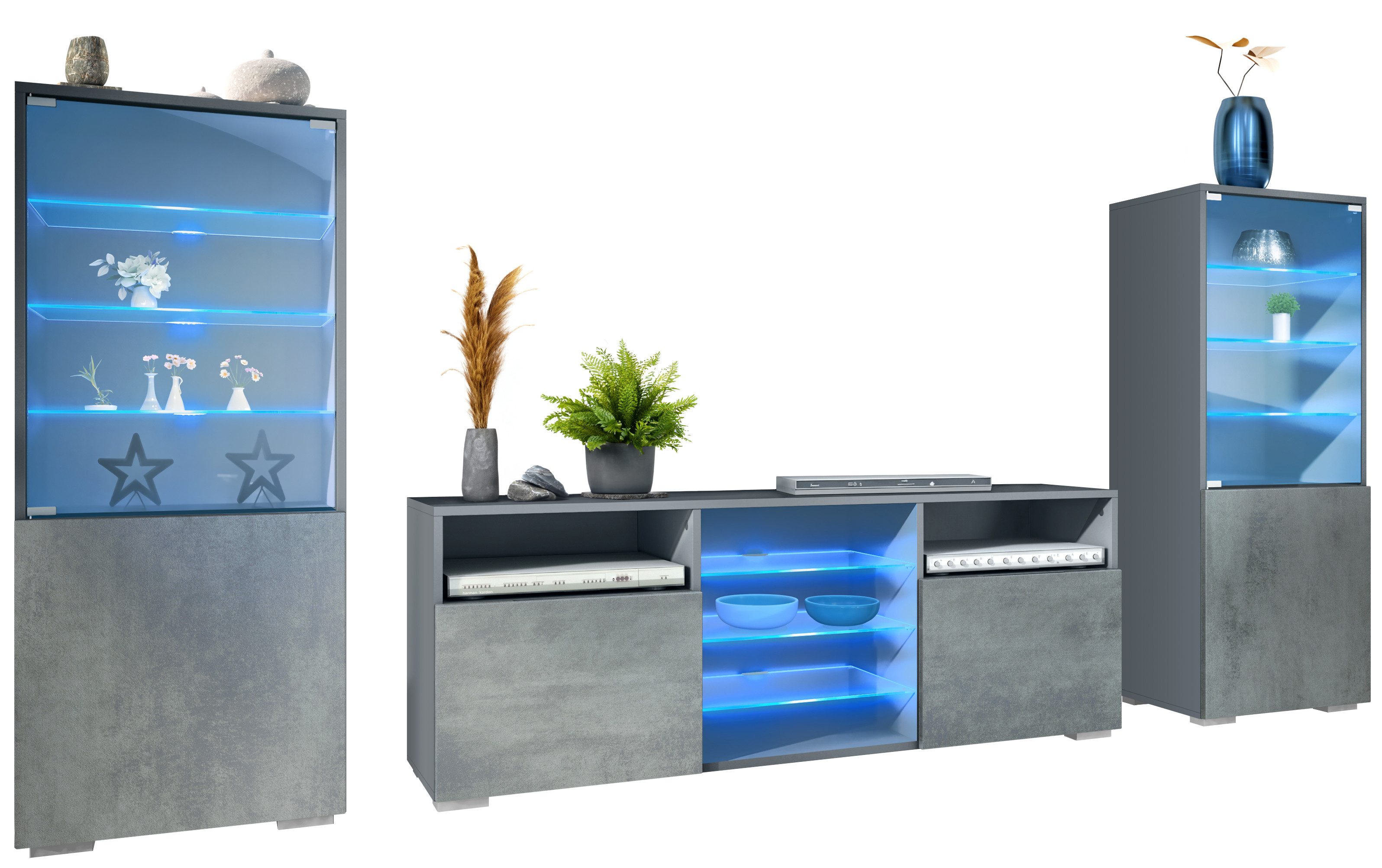 Vladon Wohnwand Granada, (Anbauwand, bestehend aus 2 Vitrinen, 1 TV-Board und LED-Beleuchtung), Anthrazit matt/Beton Dunkel Optik (286 x 122,5 x 35 cm)