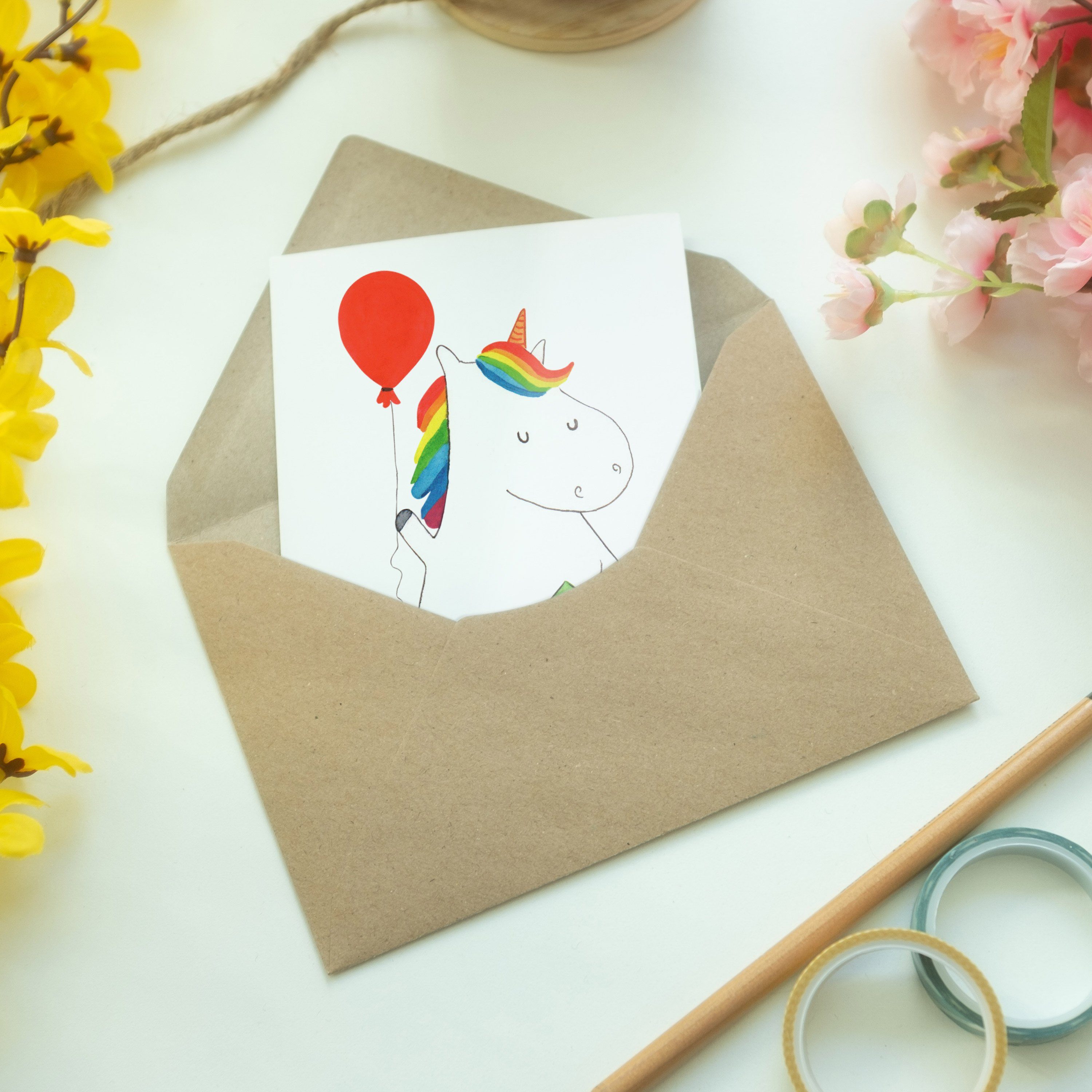 Mr. & Mrs. Grußkarte Leben Panda - Weiß Geschenk, Glückwunschkarte, - Freude, Einhorn Luftballon