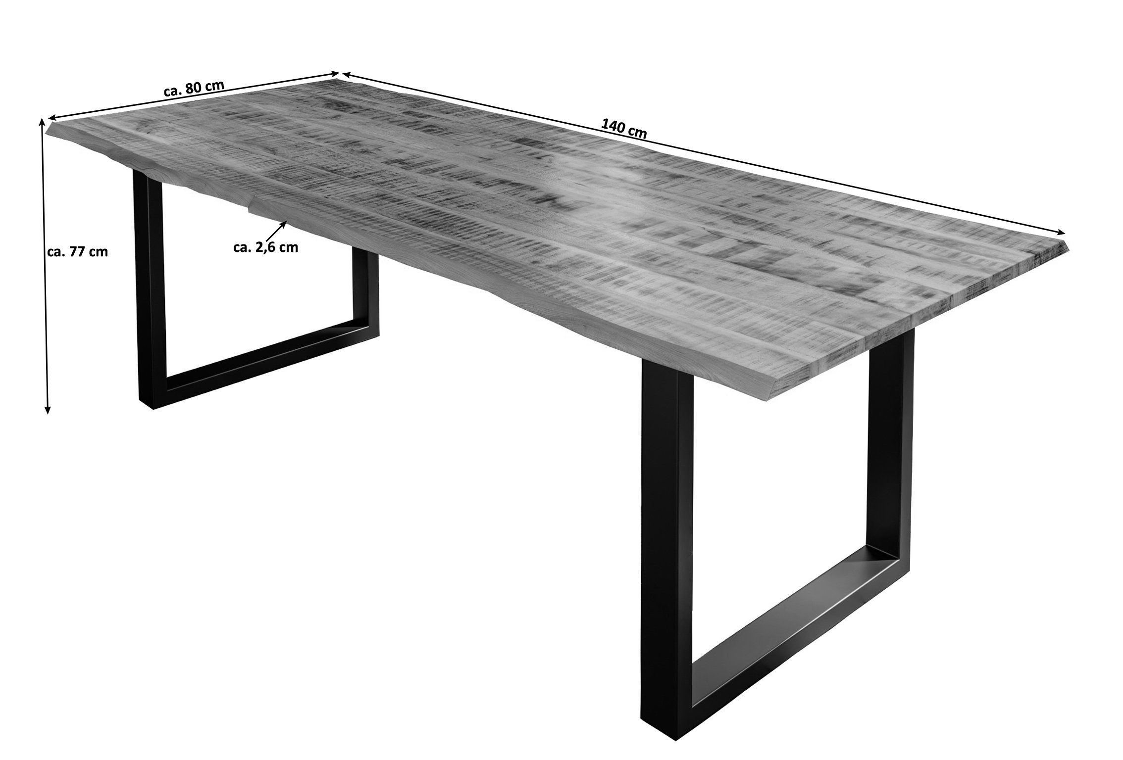 Katharina, silberfarben Baumkante | massiv, U-Form Baumkantentisch silberfarben naturfarben, Mangoholz, Metallgestell SAM®