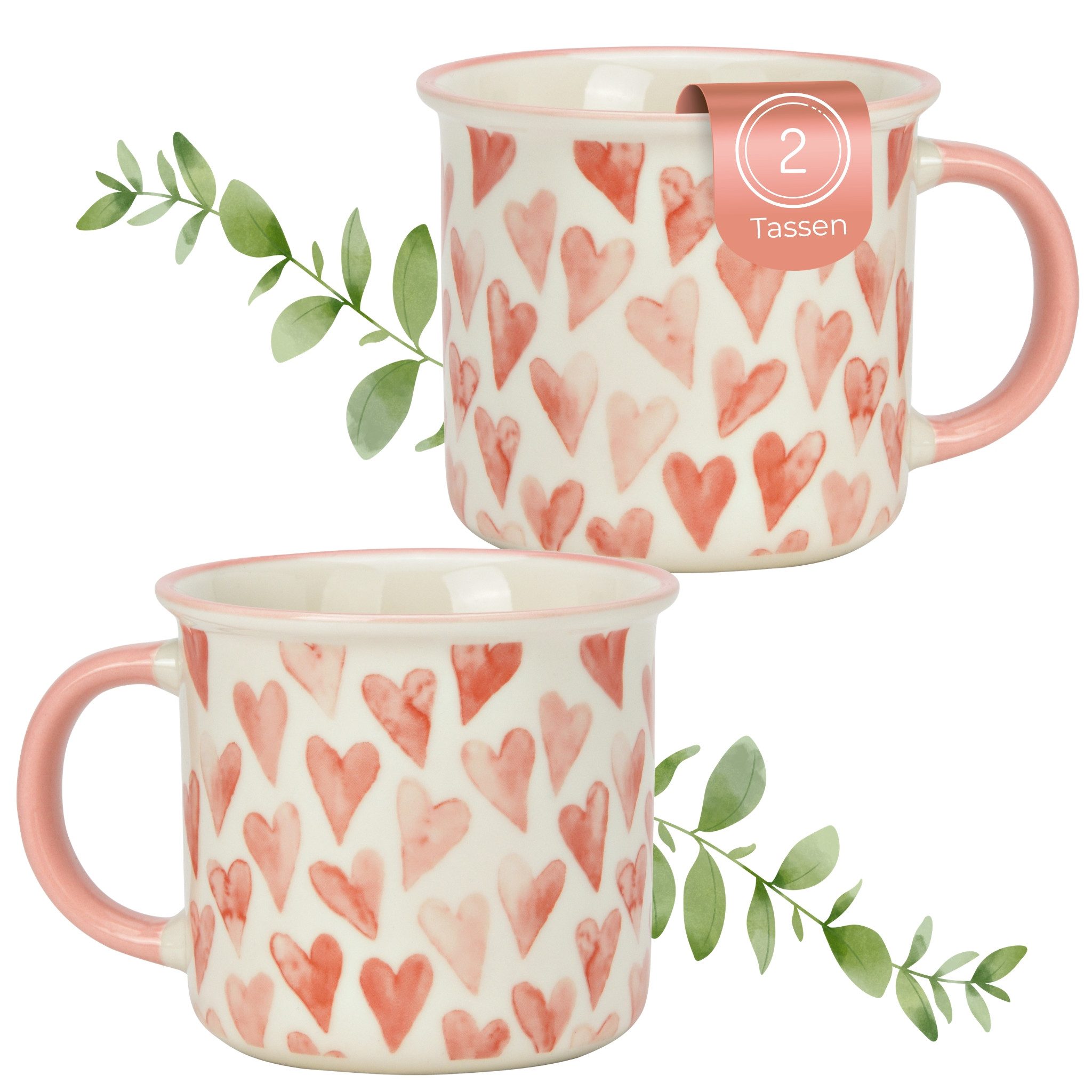 matches21 HOME & HOBBY Tasse Kaffeetassen Herz-Design Rosa, Kaffeebecher 2er Set, 370 ml, 2-tlg., Porzellan, Romantische Teetassen aus Porzellan