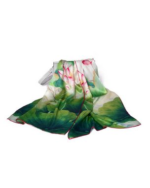 MayTree Seidenschal Lotus Rot Grün, 55 x 175 cm, leichter Damen-Schal, alljährig, (Stück), Seidentuch 100% Seide