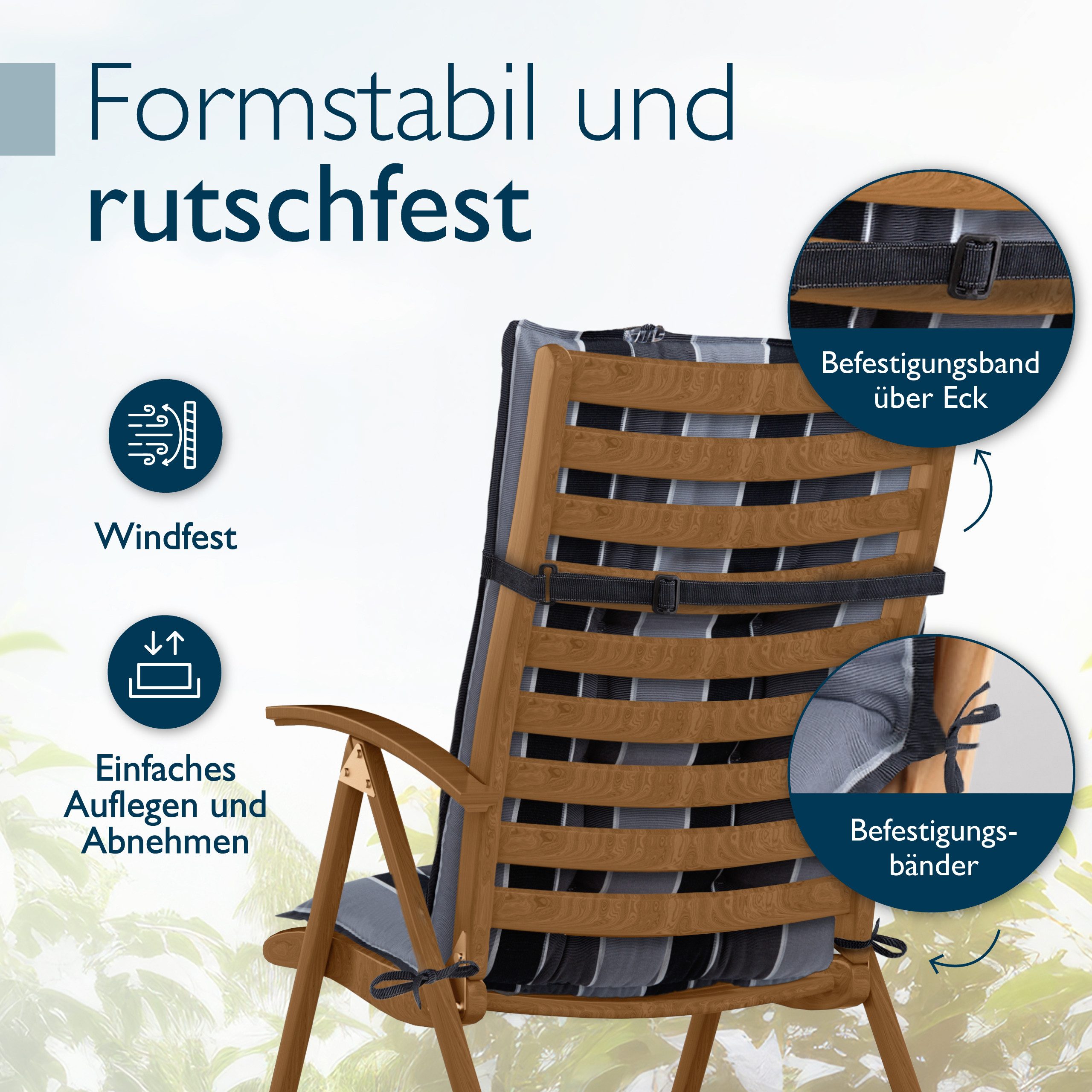 Beautissu Hochlehnerauflage Premium Hochlehner Auflage Kopfpolster Sun Sun-HL, 120x50cm, Anthrazit, Mit Kopfpolster, rutschfest & robust – Befestigungsbänder, U – Bild 5 von 5