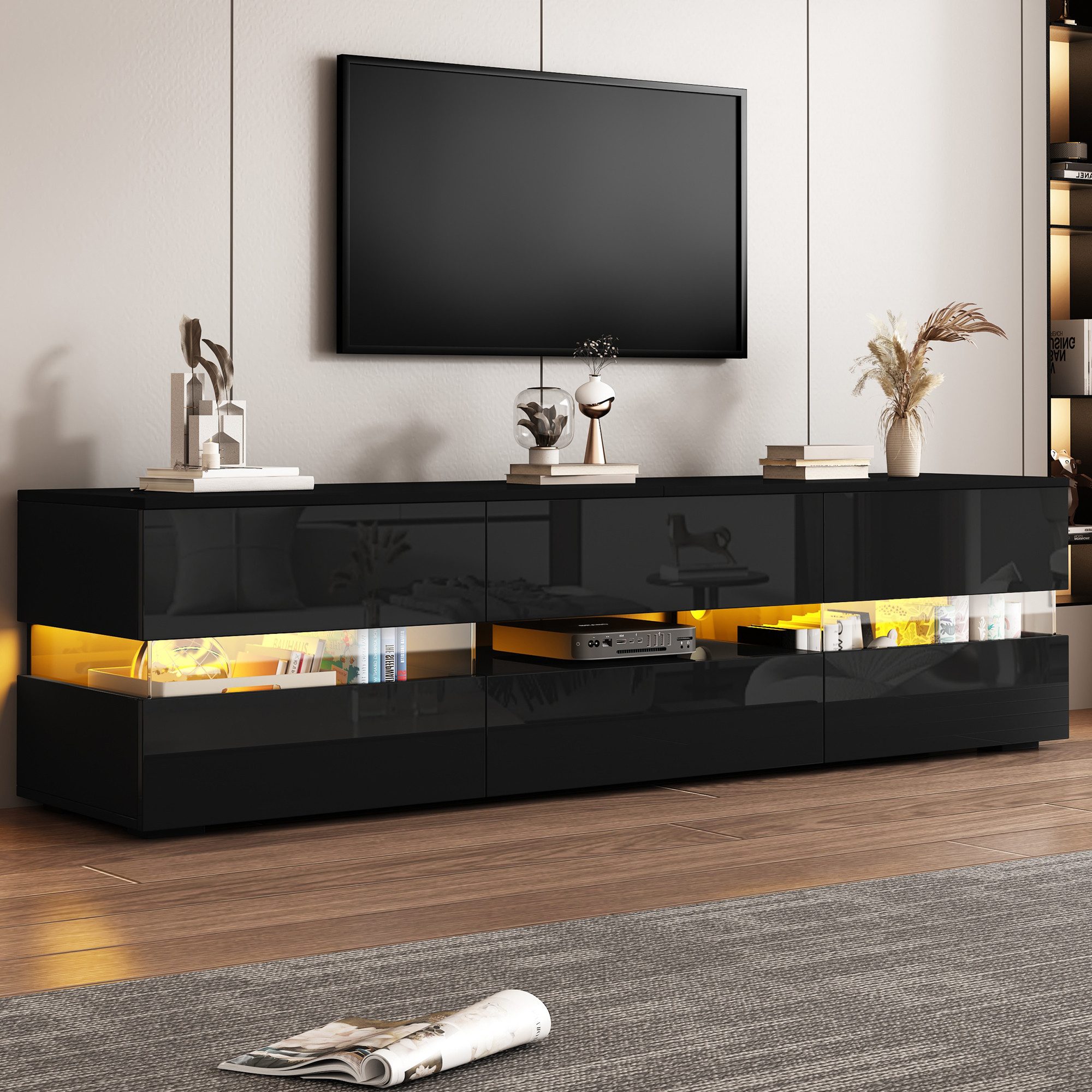 Merax Lowboard Hochglanz mit LED-Beleuchtung & Push-to-Open (für Fernseher bis 70 Zoll, 1 St), TV-Schrank mit 2 Türen, 1 Schublade & Acrylglaseinsatz, 160x39x45cm