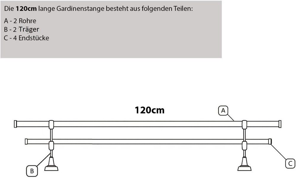 MDEKOR Gardinenstange komplette Ø 16 mm mit Endkappen, kürzbar, Wandmontage, 2-läufig, 120 cm Chrom Matt – Bild 3 von 5