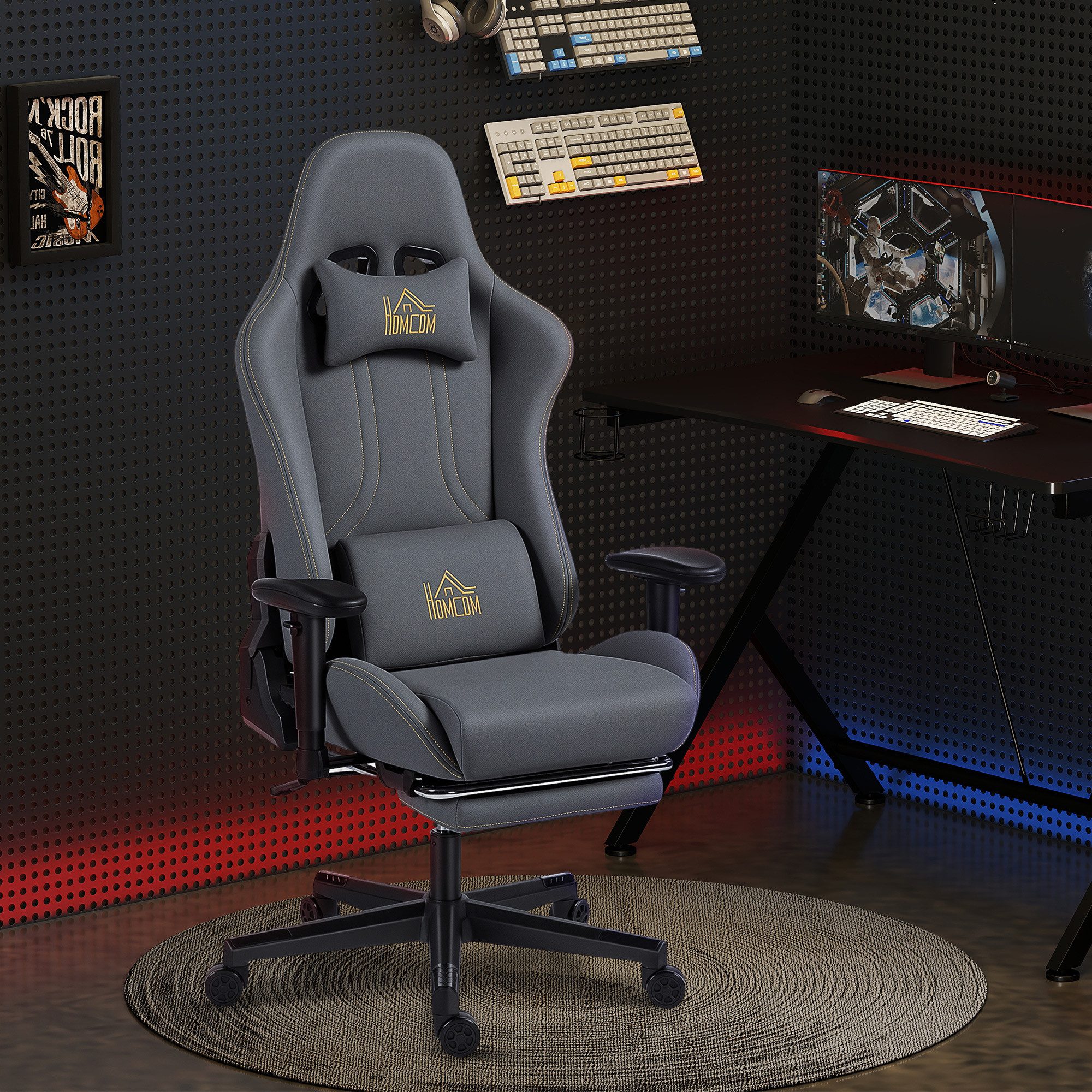 HOMCOM Gaming-Stuhl mit 3D-Armlehnen, rollbarer Schreibtischstuhl mit Lendenstütze (Computerstuhl, 1 St), drehbar, höhenverstellbar, Dunkelgrau
