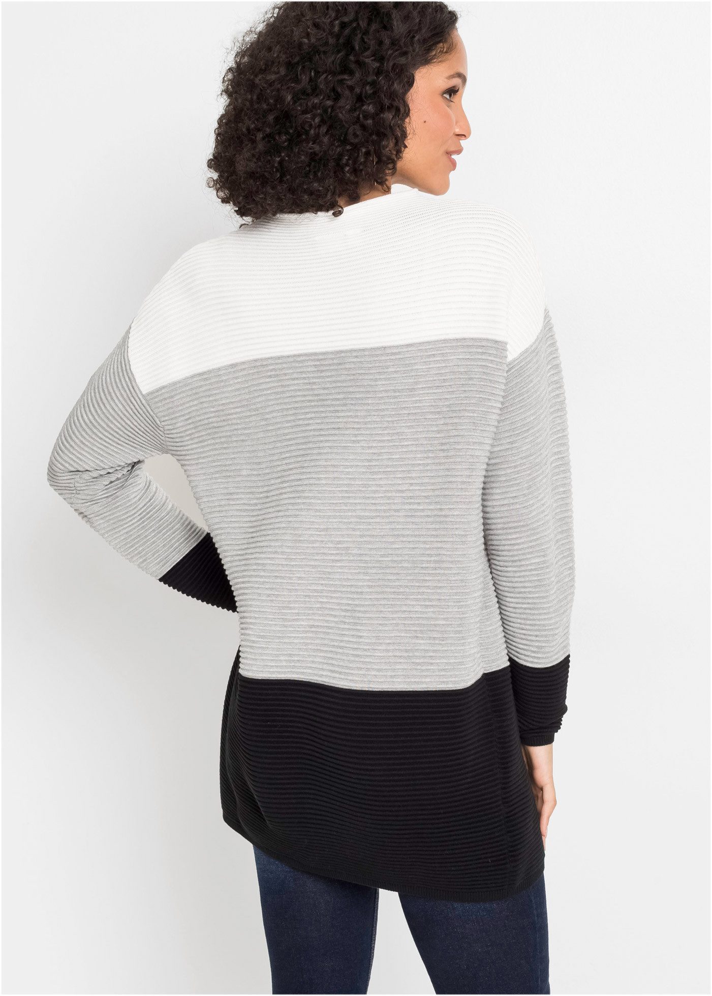 bonprix Longpullover Rippstrick mit Baumwollanteil, mit dezentem Stehkragen, colorblocking
