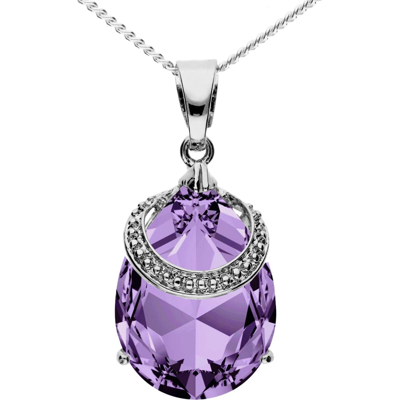 LÖB Kette mit Anhänger Halskette Kette Zirkonia Tropfen Strass Glitzer Anhänger Silber Lila (Geschenke für Frauen Beste Freundin Mutter Mama Damen Ehefrau sie zum Geburtstag Ostern Muttertag Muttertagsgeschenk, Inkl. Schmuckbox), Damen Tropfenanhänger Oval Stein Groß Tropfenform Elegant Statement
