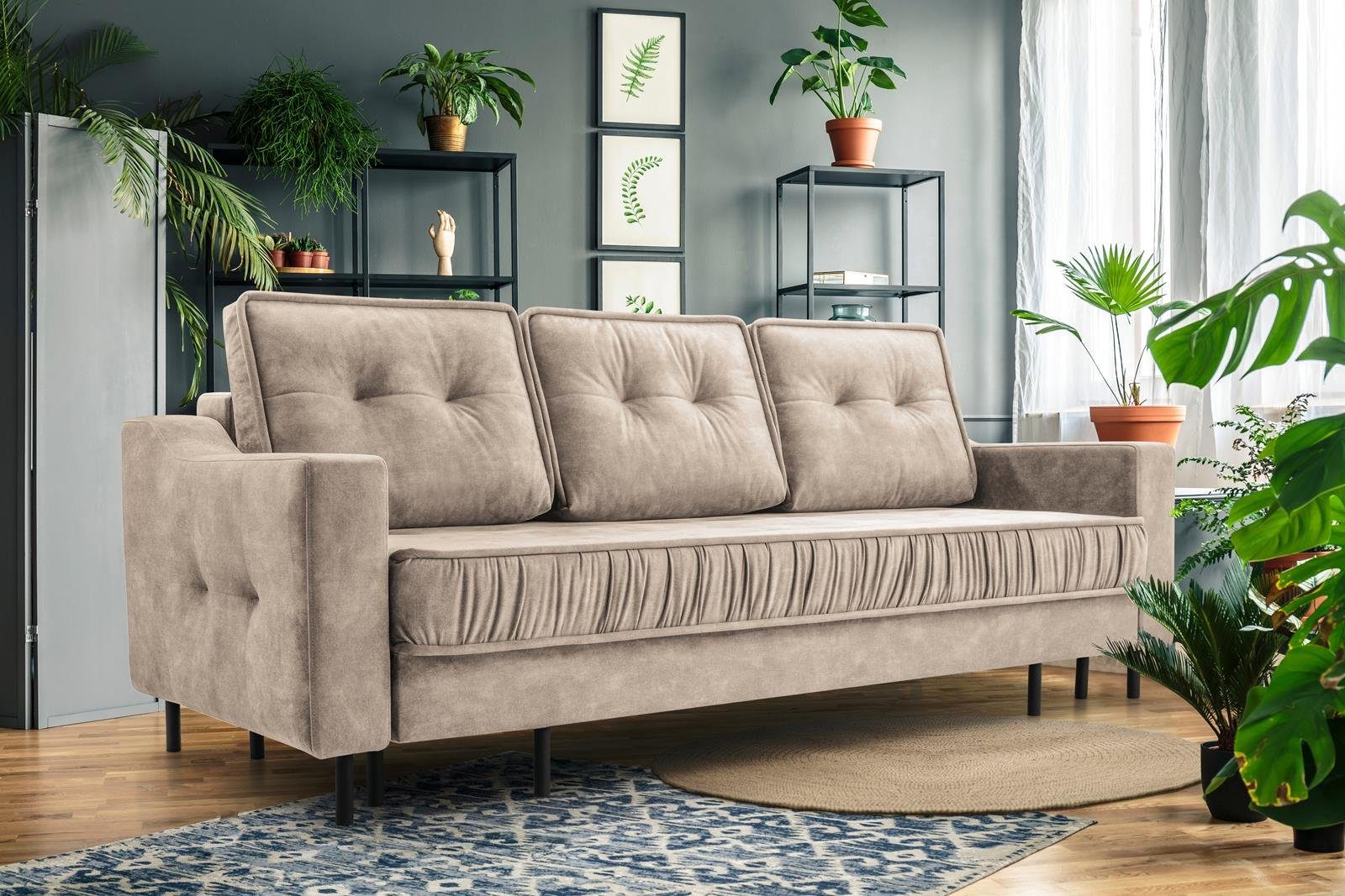 Beautysofa 3-Sitzer ALA, im skandinavisches Wohnzimmer, Polstersofa Bettkasten hohe und Schlaffunktion Velours, aus Stil, mit für Beige 03) mit Metallbeine, (palladium