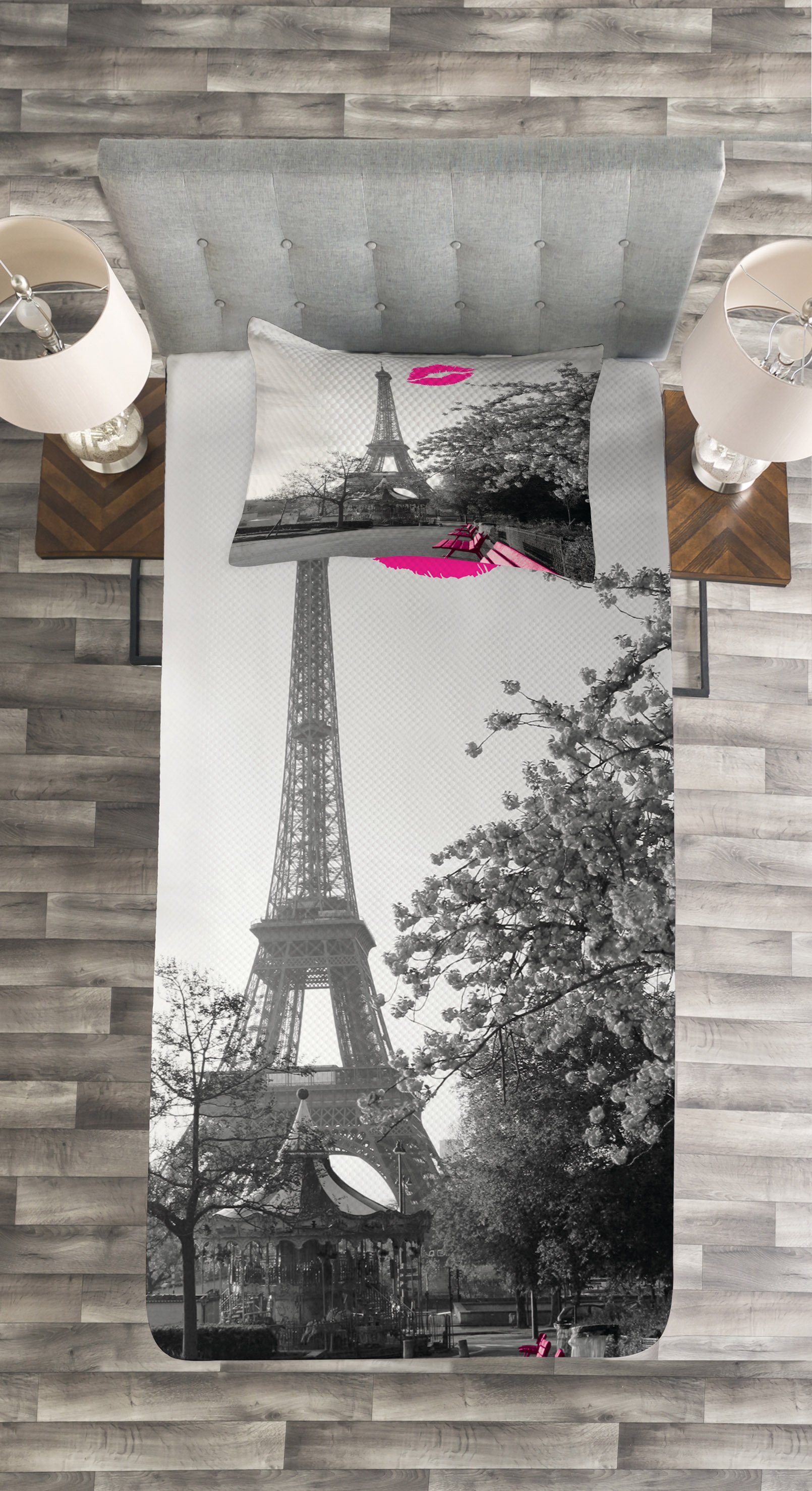 Paris Set Abakuhaus, und Kissenbezügen Tagesdecke Stadt Romantische ein Waschbar, Kuss mit