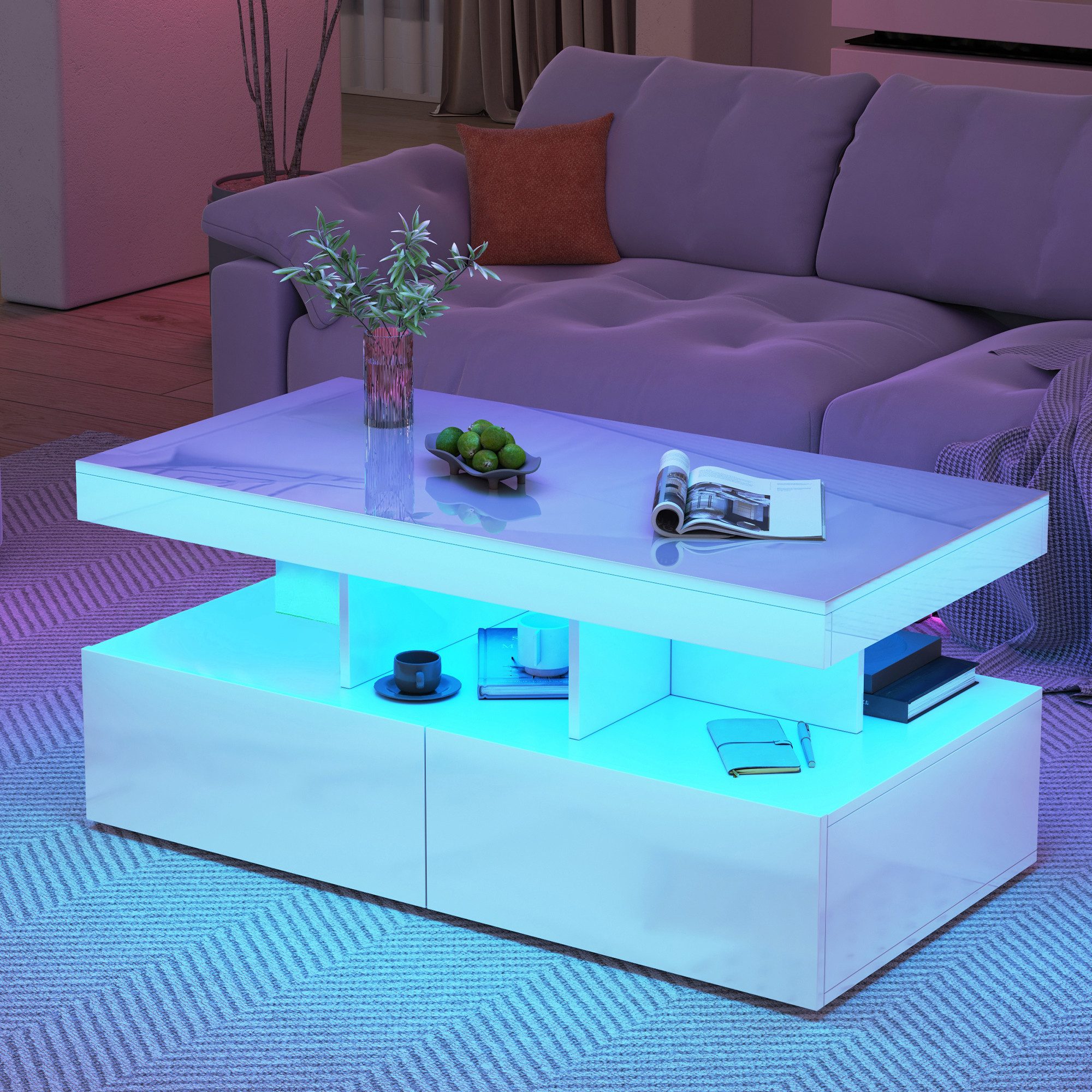 zebery Couchtisch Hochglanz mit LED Beleuchtung (Set, 1-St., Wohnzimmertisch mit 2 Schubladen und Stauraum), Beistelltisch Sofatisch Kaffeetisch, 104x53x46cm, Weiß