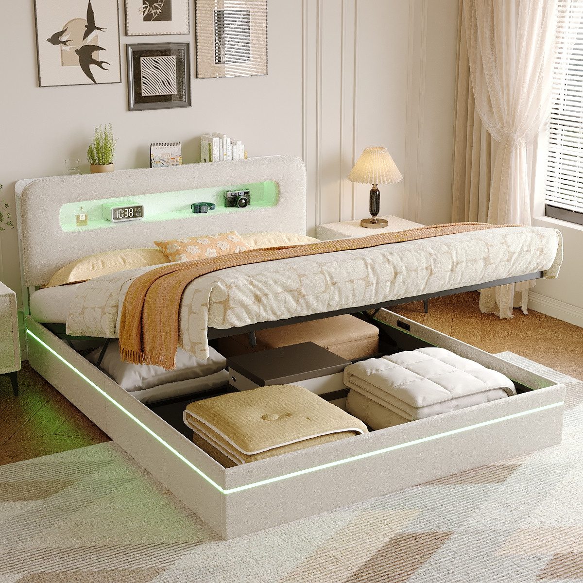 PXloue Stauraumbett Polsterbett mit Stauraum (Doppelbett 160x200 cm (USB-Ladeanschluss), Bettkasten, Ladefunktion, Samt