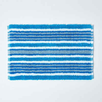 Badematte Badvorleger blau, schwarz, weiss gestreift 40 x 60 cm 100% Baumwolle Homescapes, Höhe 30 mm