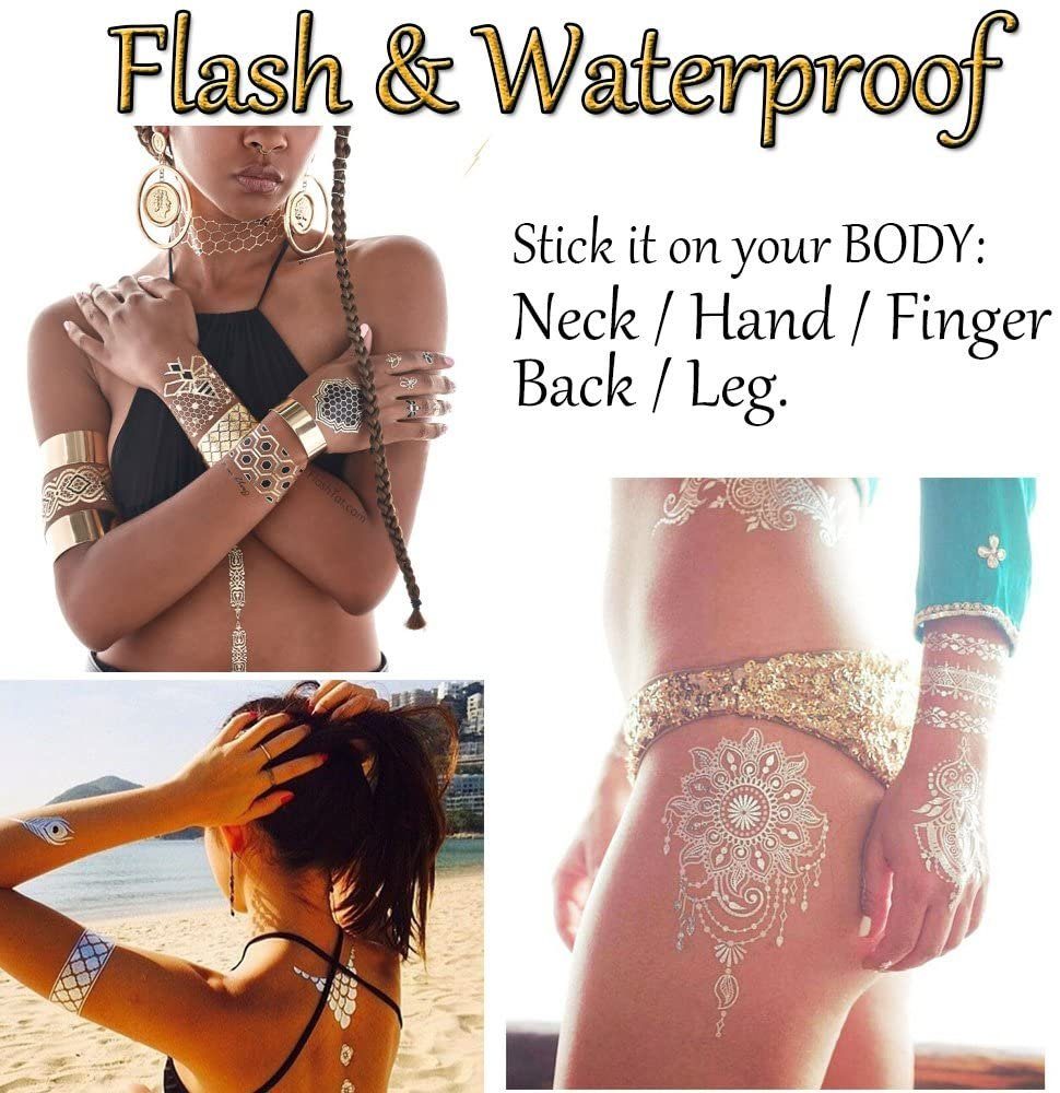 COOL-i ® Schmuck-Tattoo, 16er Set Metallic Flash Tattoos - Gold, Silber, Schwarz, Wasserdicht