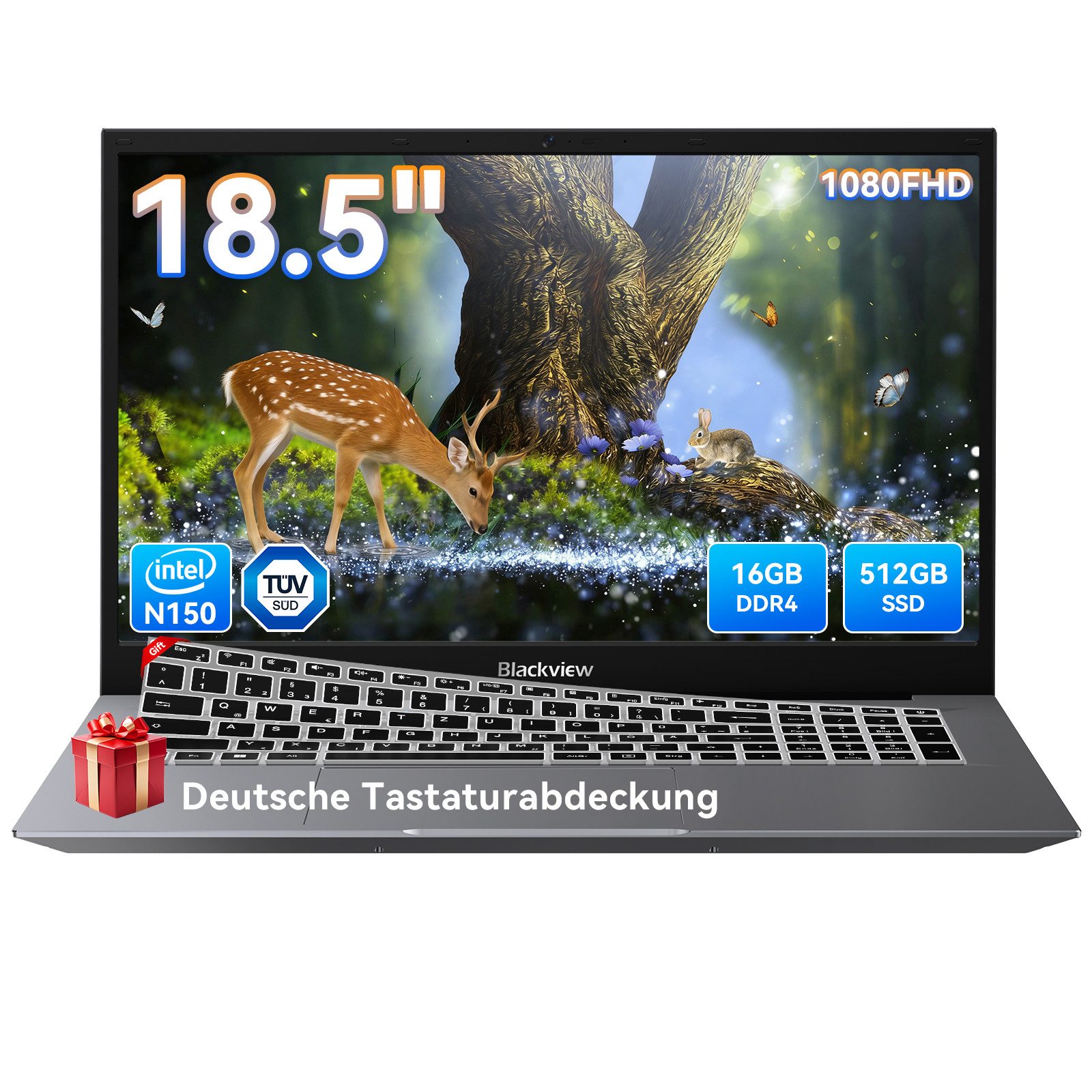 blackview 18.5" Laptop, Intel Core N150 16GB RAM 512GB SSD, Windows 11 Notebook (Intel N150 Intel Core N150, 512 GB SSD, Windows 11 Pro, FHD+ IPS, Silikon-Tastaturschutzfoli)