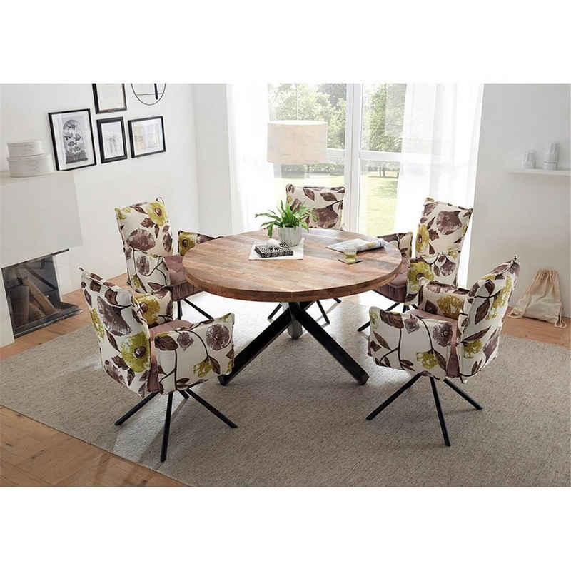 Lomadox Essgruppe »AMSTERDAM-119«, (Spar-Set), Esszimmergruppe mit rundem Tisch 6-tlg. Tischplatte aus Mango Wood, Armlehnenstühle im Retro Design