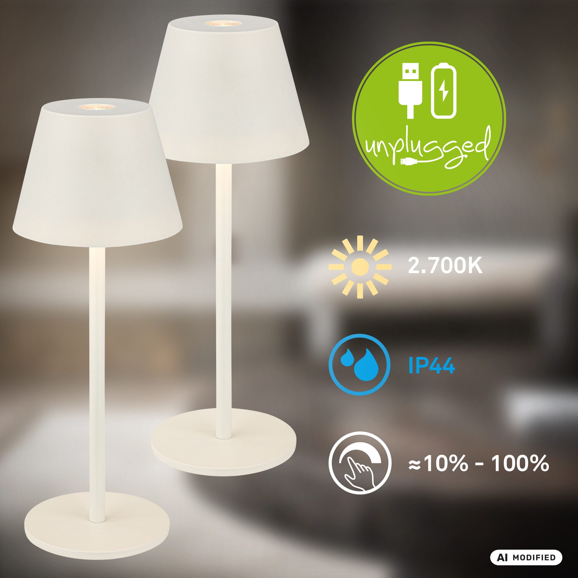 Briloner Leuchten LED Tischleuchte Akku Tischlampe kabellos Nano Indoor/Outdoor, 2 Stück, LED fest integriert, 6 x 16 cm (DxH) Schwarz/Weiß 1,5W Wohnzimmer Schlafzimmer