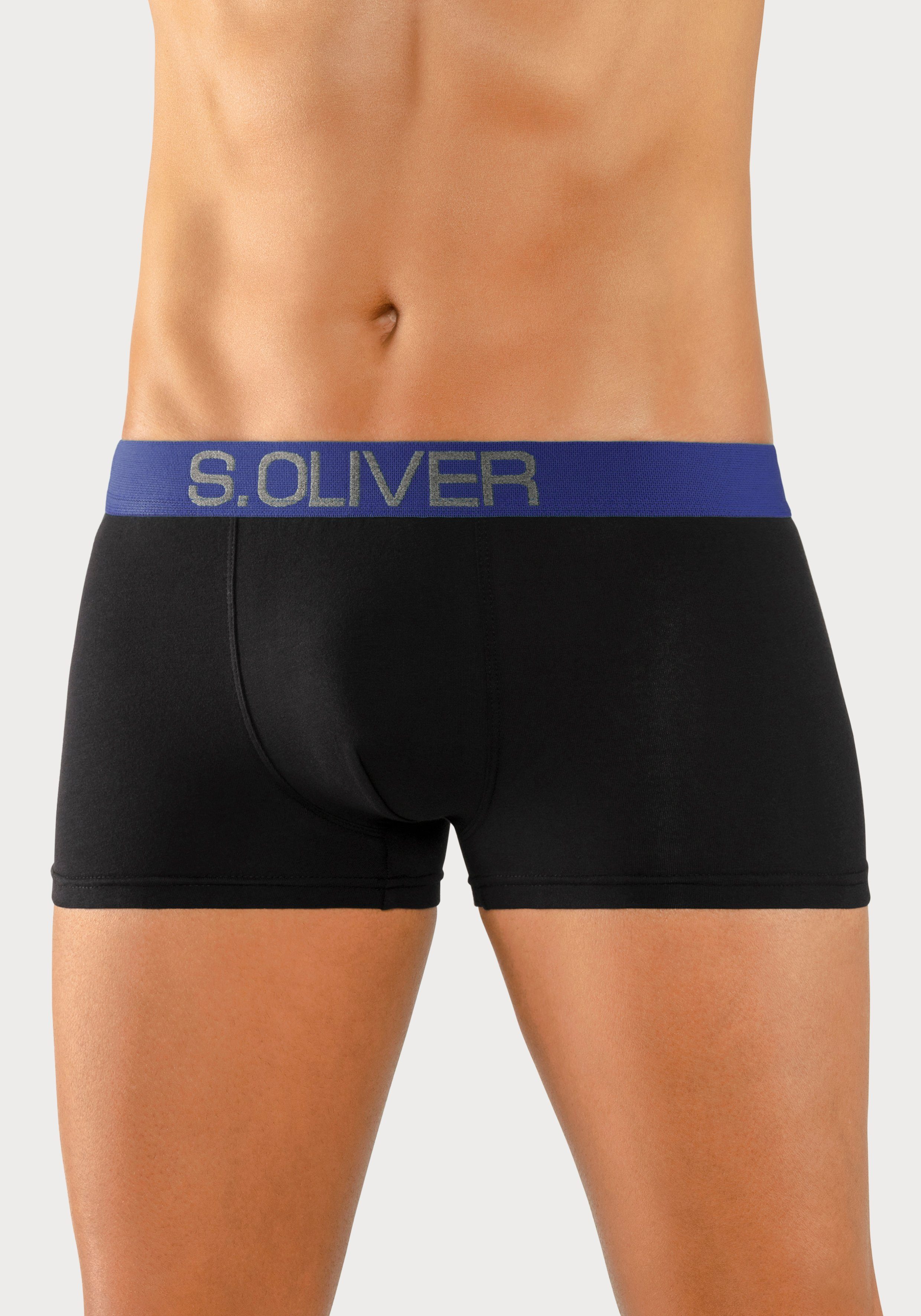 s.Oliver Boxershorts (Packung, 4-St) in kontrastfarbenem Webbund Hipster-Form schwarz-hellblau, schwarz-royalblau mit schwarz-marine, schwarz-türkis