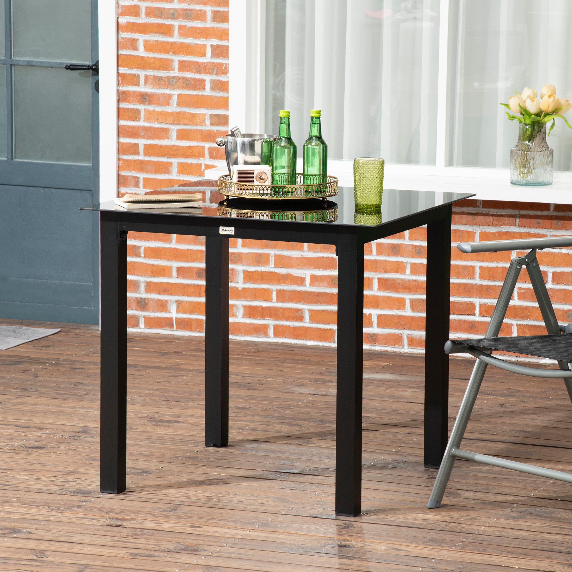 Outsunny Gartentisch Esstisch für Garten, Balkontisch mit Hartglas Tischplatte (Terrassentisch, 1-St., Balkontisch), Alu, Schwarz, 80 x 80 x 74 cm
