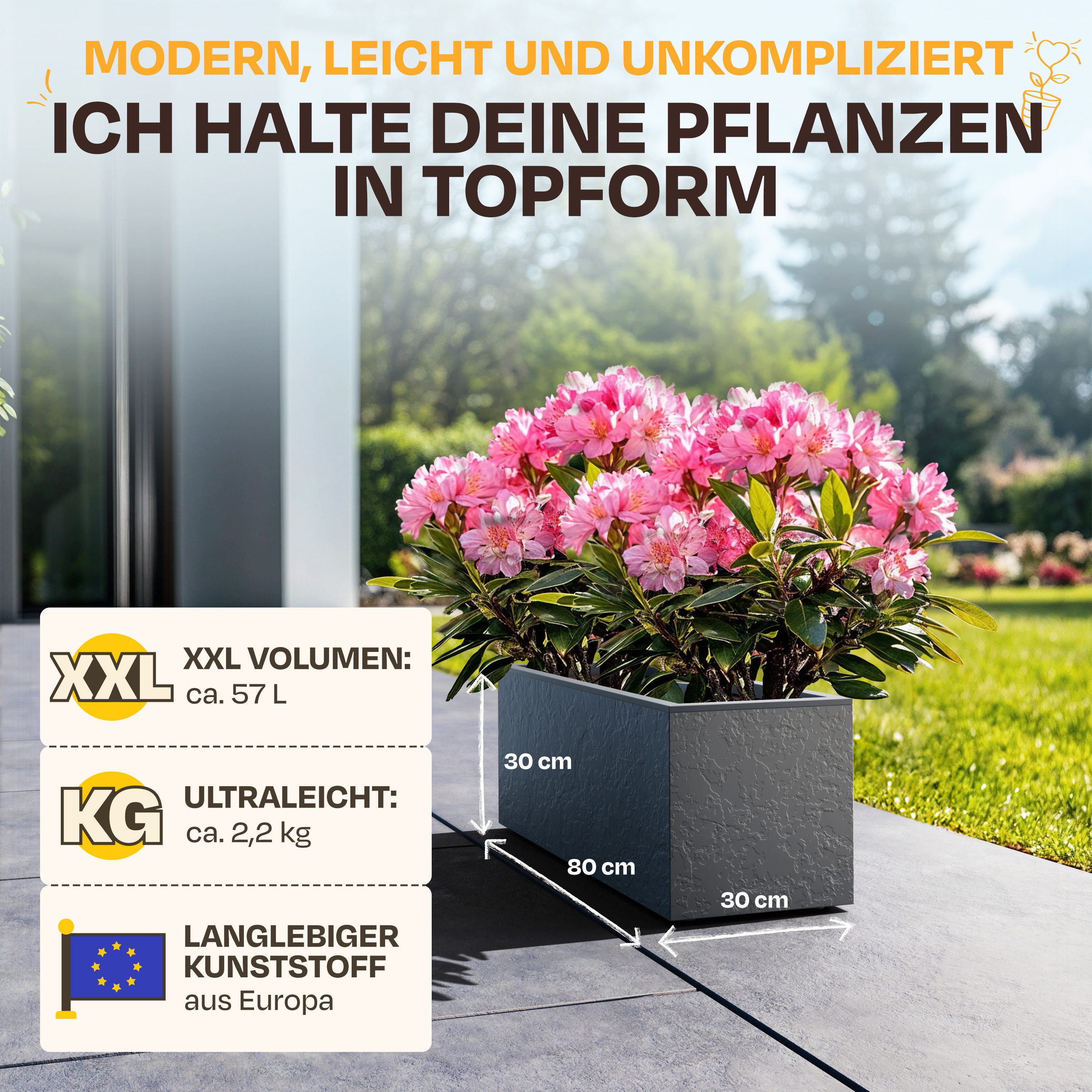 ONDIS24 Blumenkasten Vulkan 57L Gestein/Basalt Optik mit Wasserspeicher Pflanzenkasten, 79.5 x 29.5 x 29.5 (H) cm