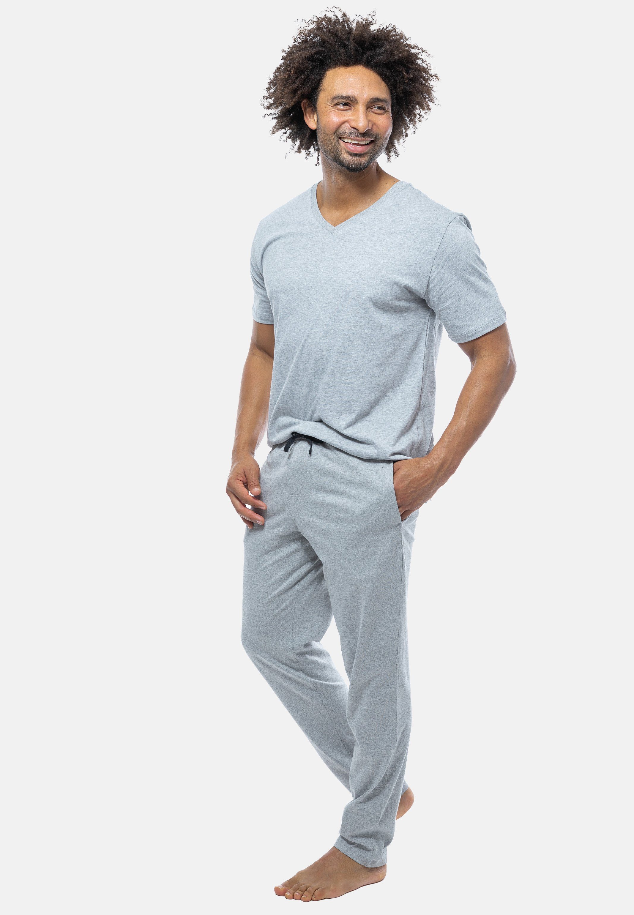 Grau Schlafanzug Baumwolle Mix - V-Ausschnitt (Set, - mit 2 Pyjama Schiesser Kurzarm-Shirt tlg)