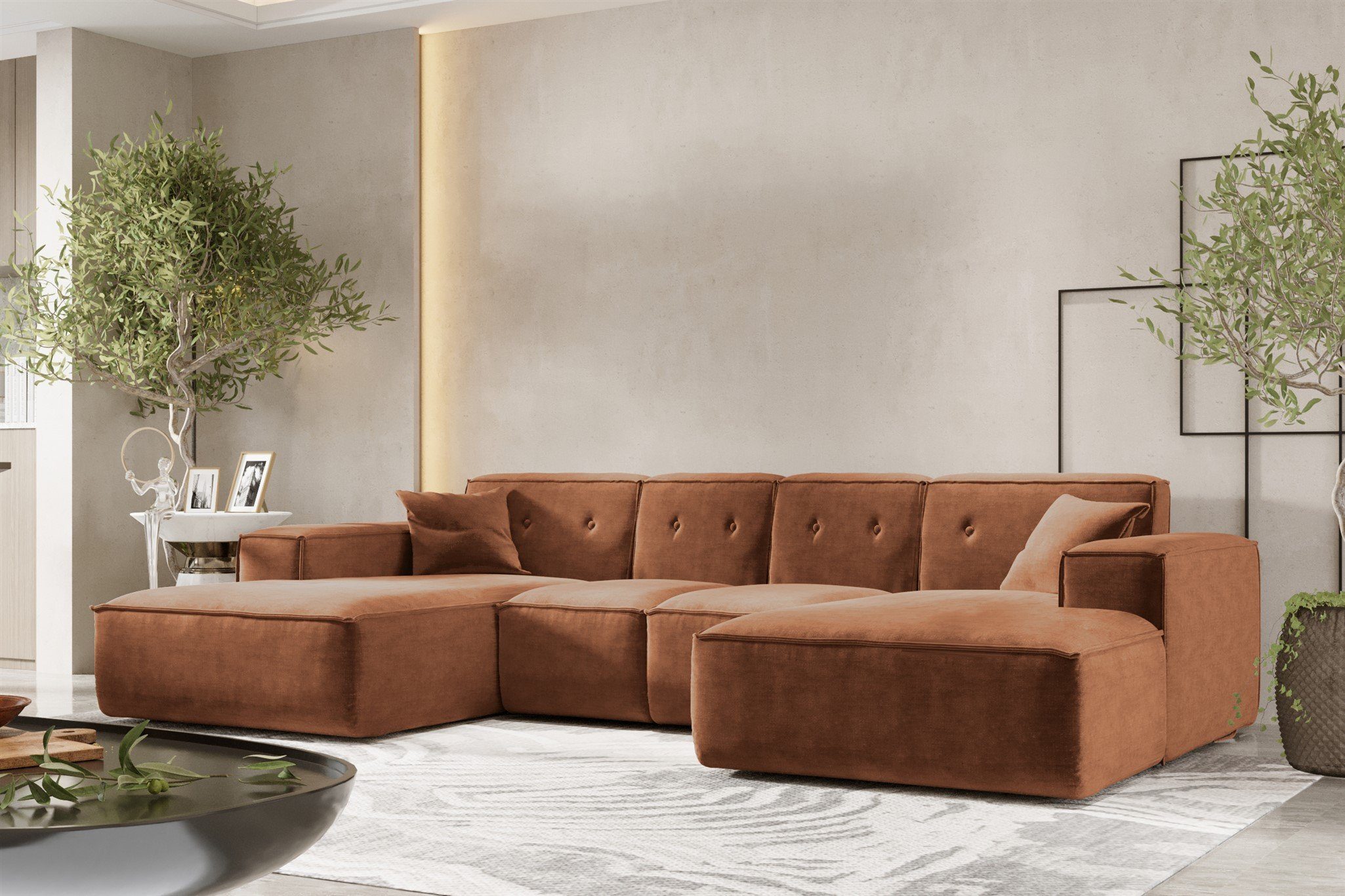 2 Sofa Rundumbezug in Wohnlandschaft Fun Stoff, inkl. Zierkissen, Möbel XS CESINA U-Form