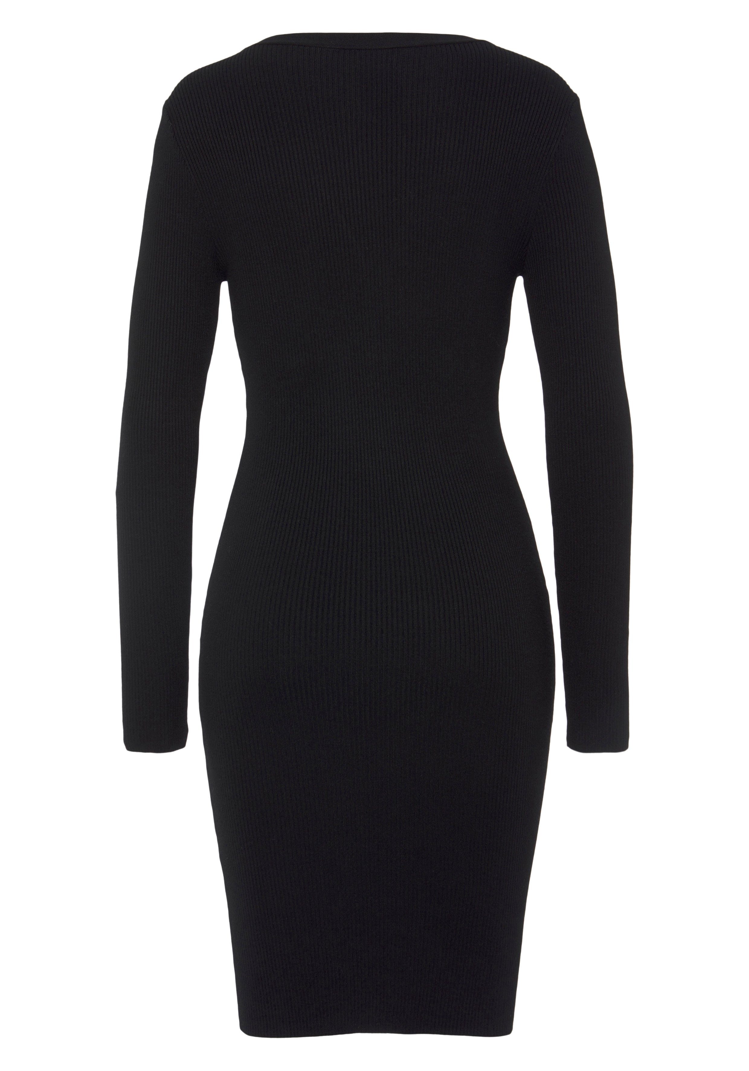 Buffalo Strickkleid mit V-Ausschnitt und Zierknöpfen, figurbetont, chic Langärmliges Herbstkleid aus Rippstrick, sexy Minikleid, elegant – Bild 4 von 5
