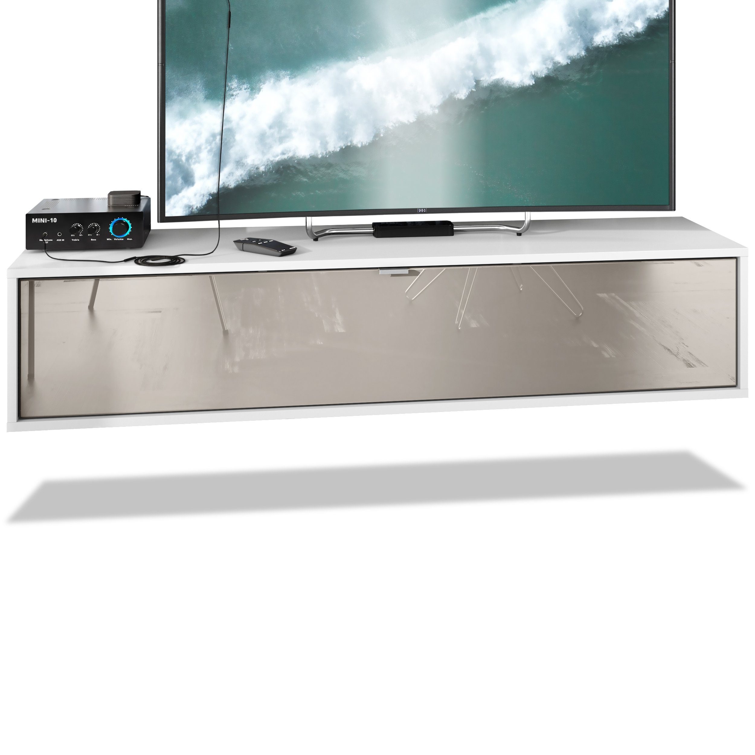 Vladon Lowboard Lana 1400 (TV-Kommode, mit Klappe dahinter 3 Fächer), Weiß matt/Sandgrau Hochglanz (140 x 29 x 37 cm)