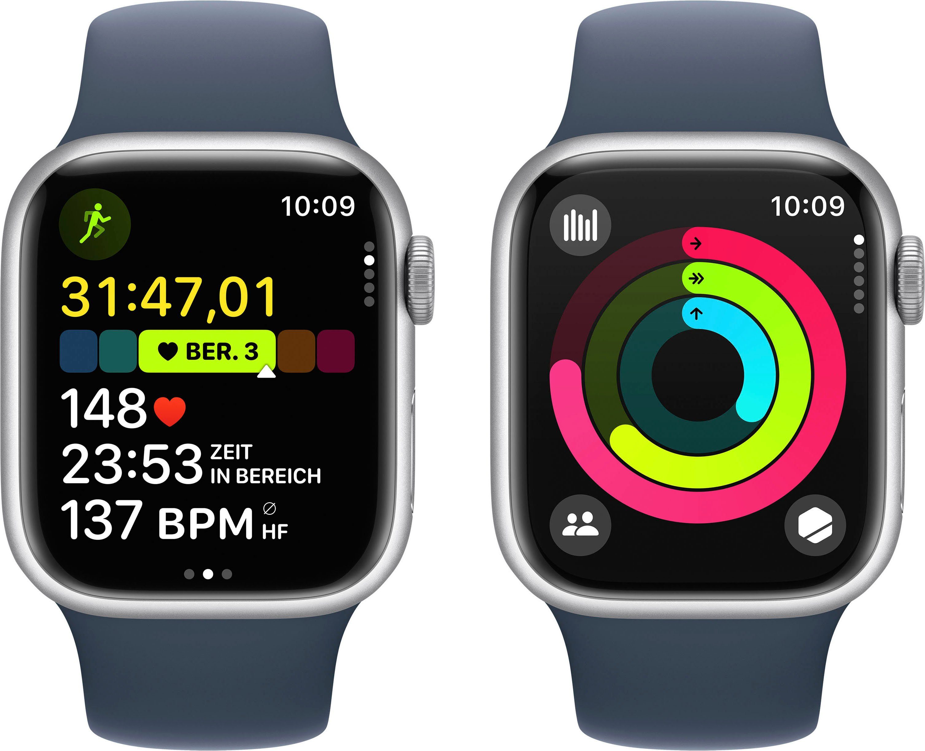 Apple Watch Sport Zoll, Smartwatch GPS Aluminium Sturmblau OS 10), | Watch 41mm (4,1 cm/1,61 Cellular + Series 9 Band Silber