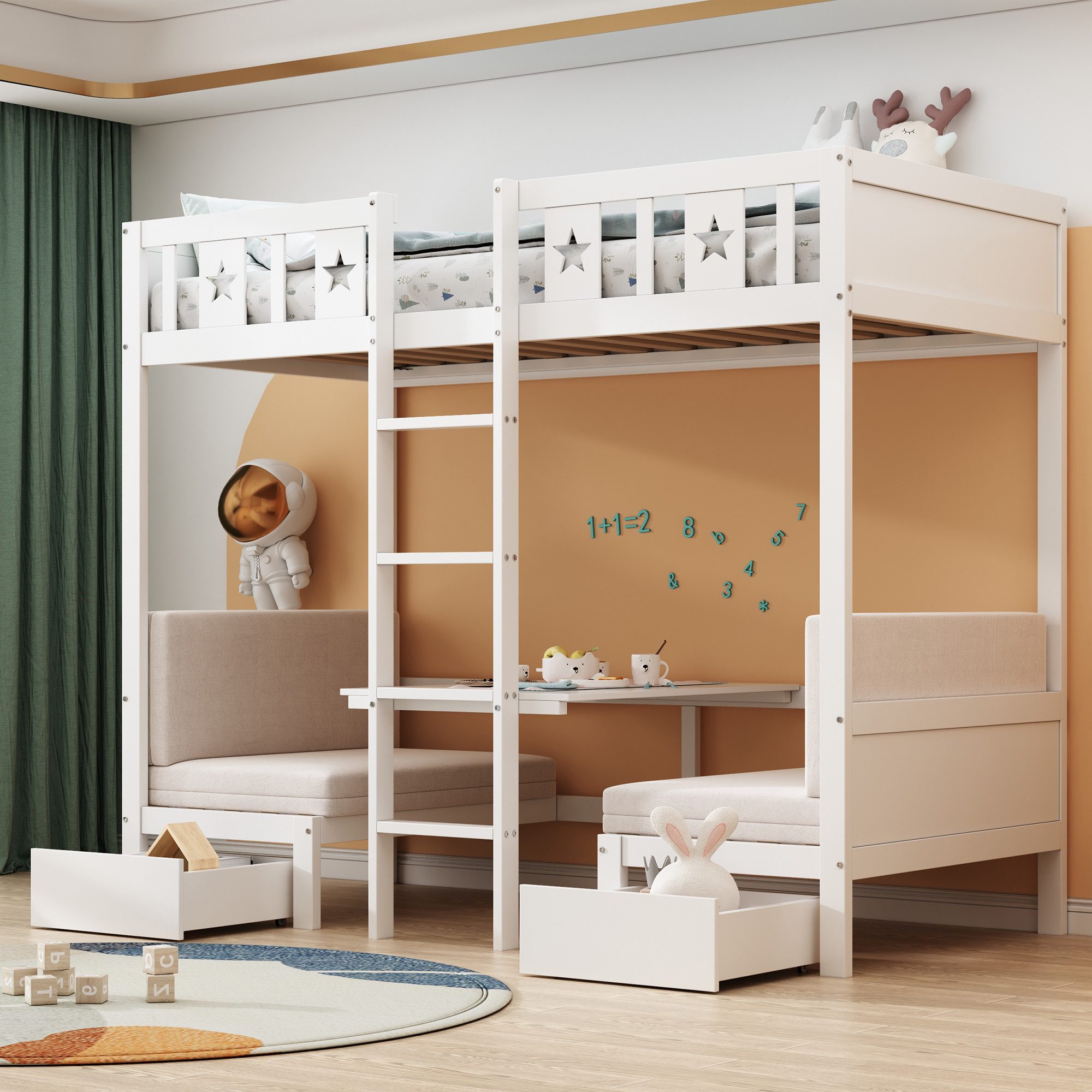 Flieks Etagenbett, Kinderbett 90x200cm mit umwandelbarem Unterbett und 2 Sc günstig online kaufen