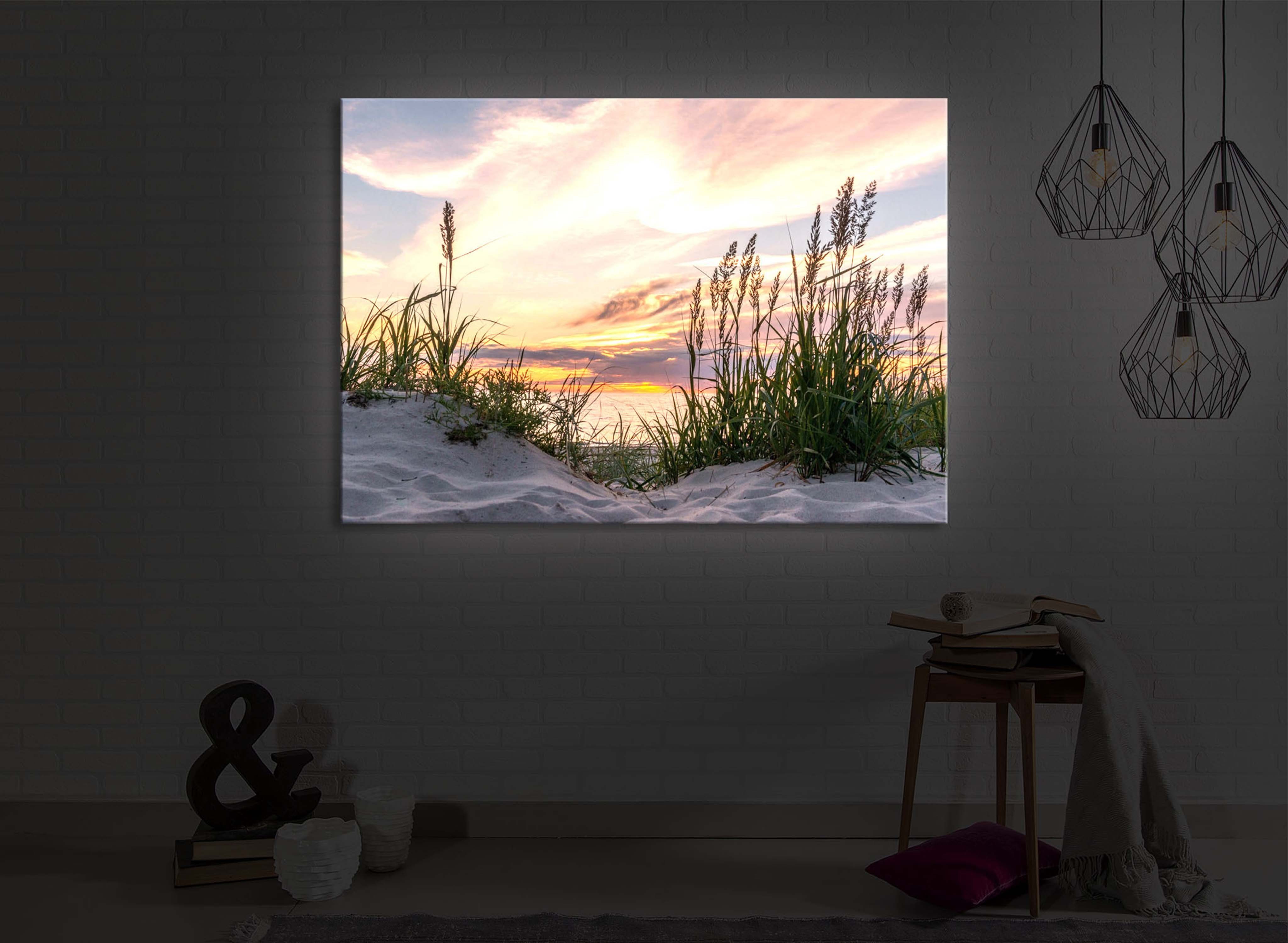 lightbox-multicolor LED-Bild Gras am Strand bei Sonnenuntergang front lighted / 60x40cm, Leuchtbild mit Fernbedienung