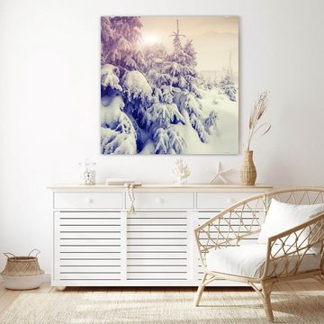 Primedeco Glasbild Wandbild Quadratisch Winterlandschaft in Sonne mit Aufhängung, Natur